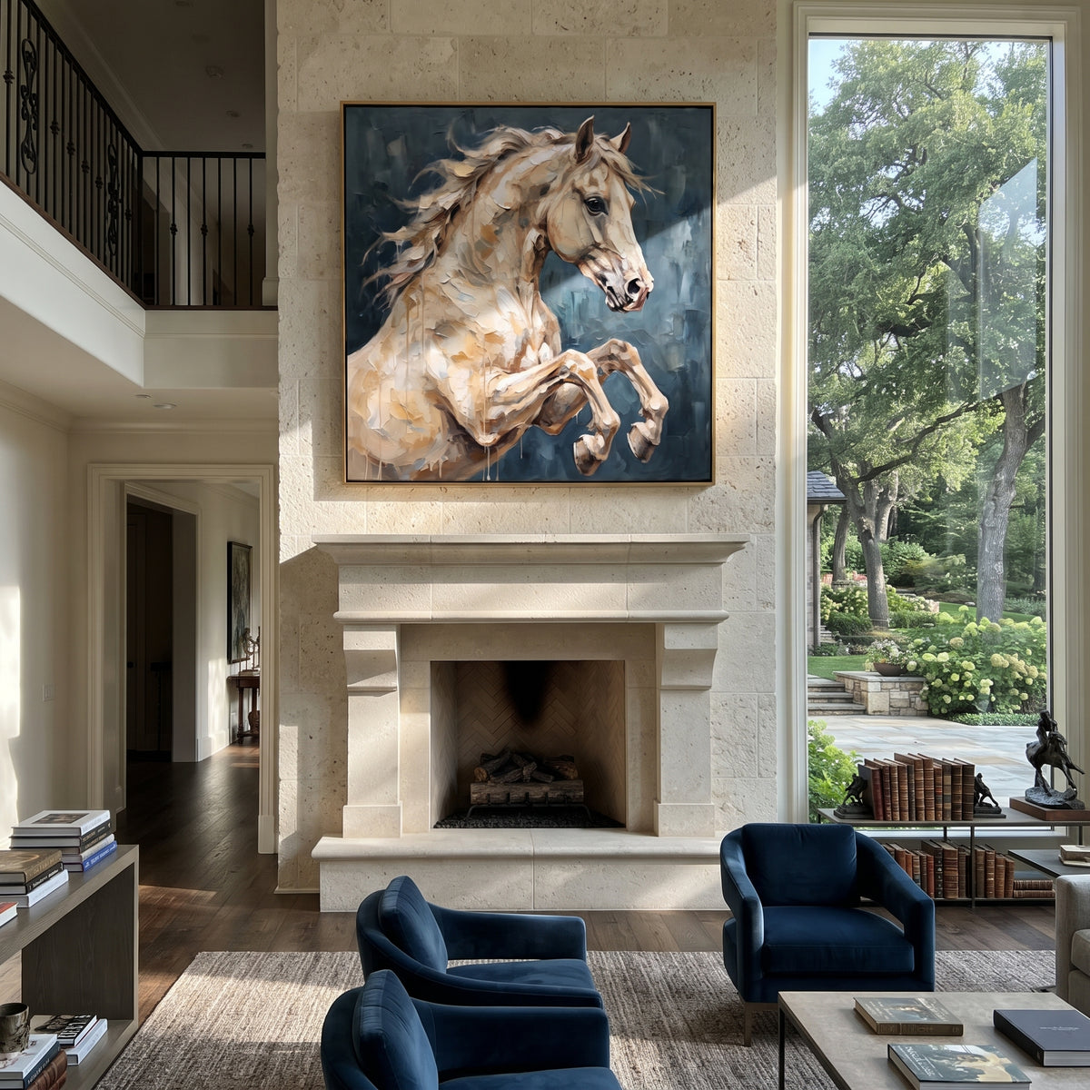 The Pale Stallion Rises - rearing white horse painting, square textured equestrian wall art - displayed above a stone fireplace