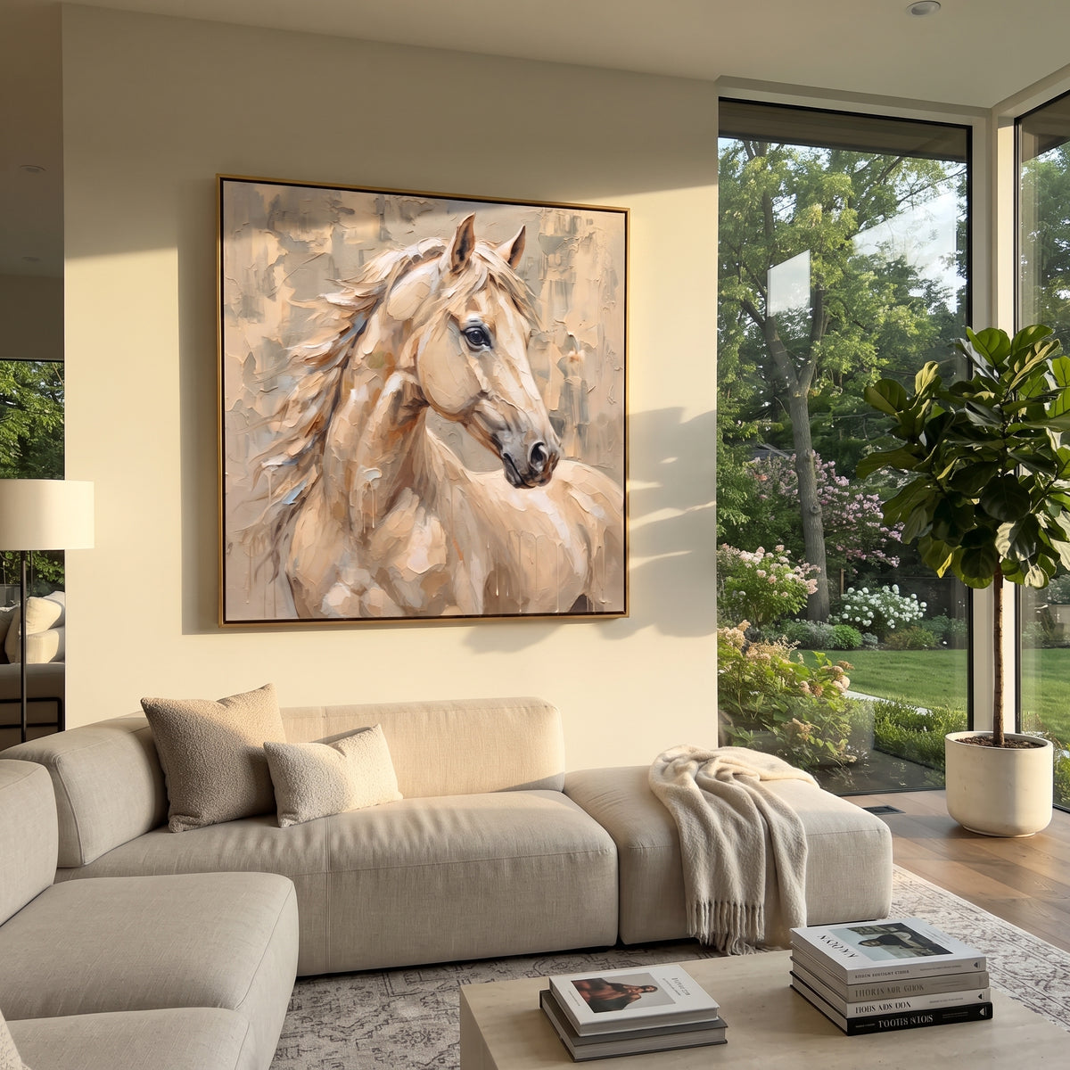 Silver Wind Turns the Mare - white horse three-quarter portrait, square textured equestrian wall art - displayed above a light living room sofa