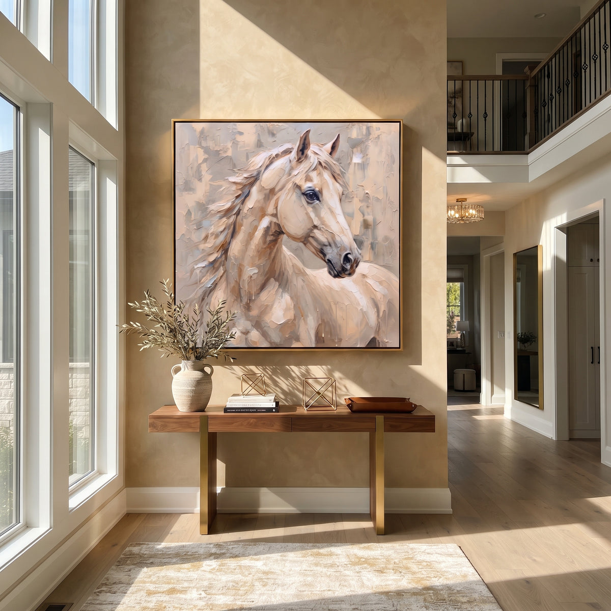 Silver Wind Turns the Mare - white horse three-quarter portrait, square textured equestrian wall art - displayed beside a pale wood console