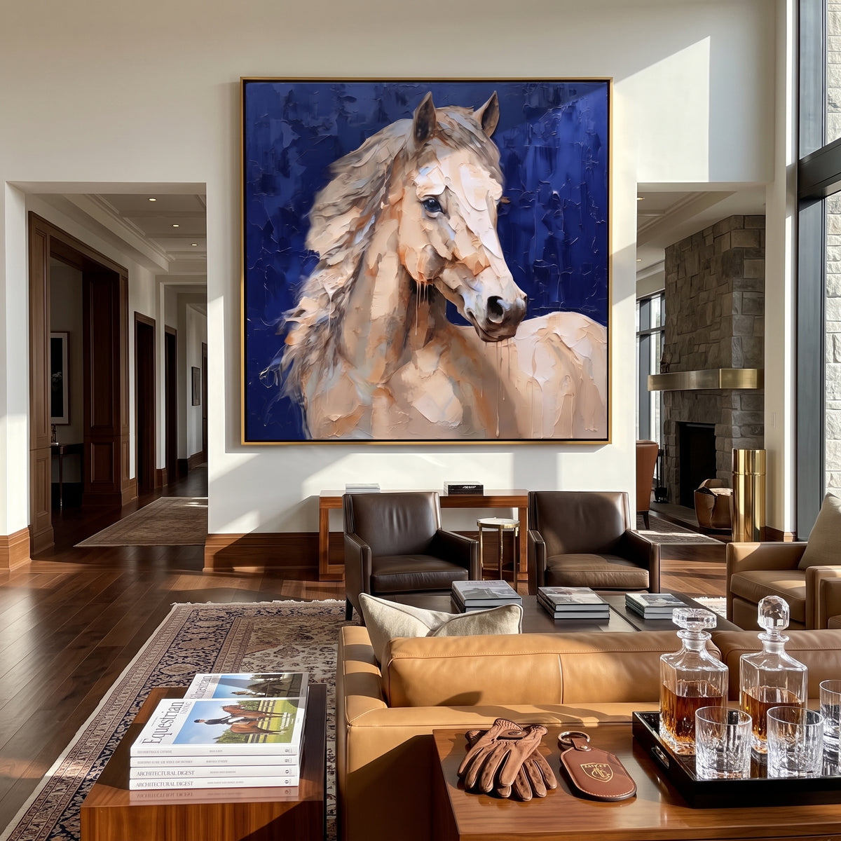 Ivory Horse Against Cobalt - white horse portrait on blue, square textured equestrian wall art - displayed in a blue-accented bedroom