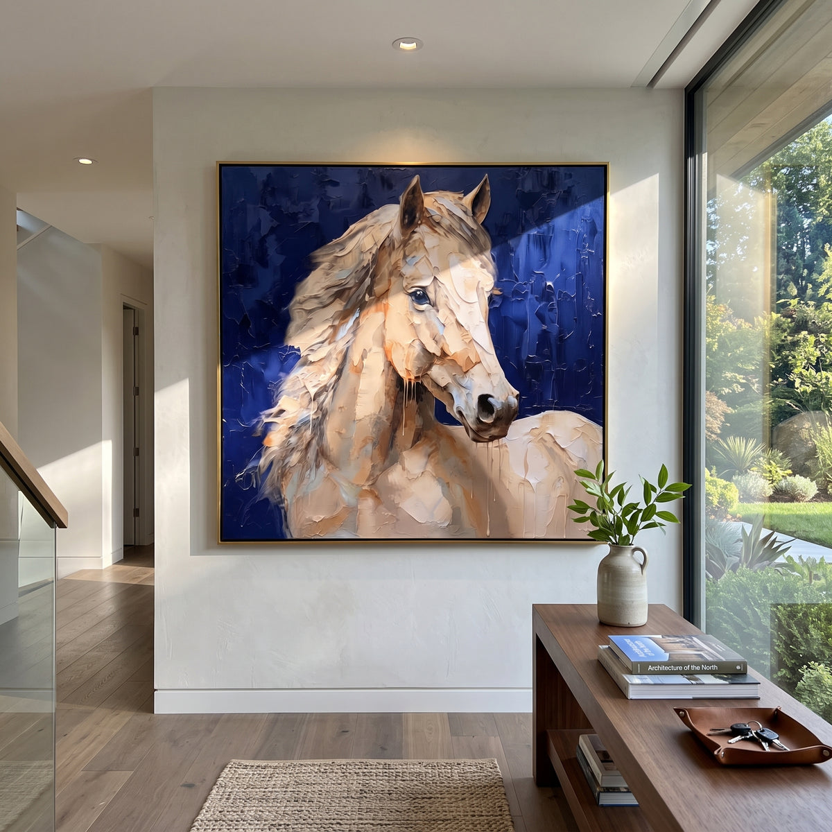 Ivory Horse Against Cobalt - white horse portrait on blue, square textured equestrian wall art - displayed beside a velvet lounge chair