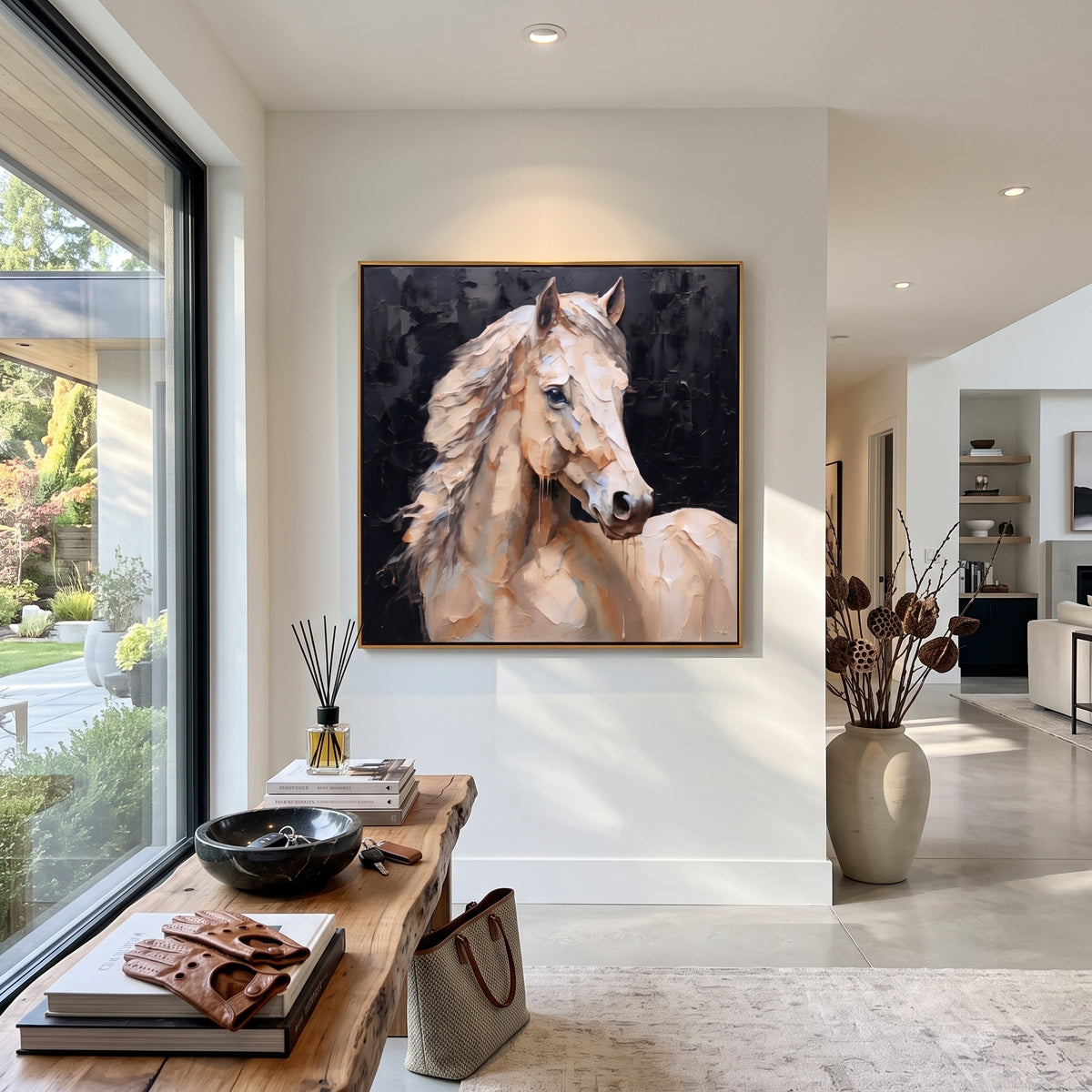 Ivory Form Holds the Night - white horse portrait on black, square textured equestrian wall art - displayed beside a black lounge chair