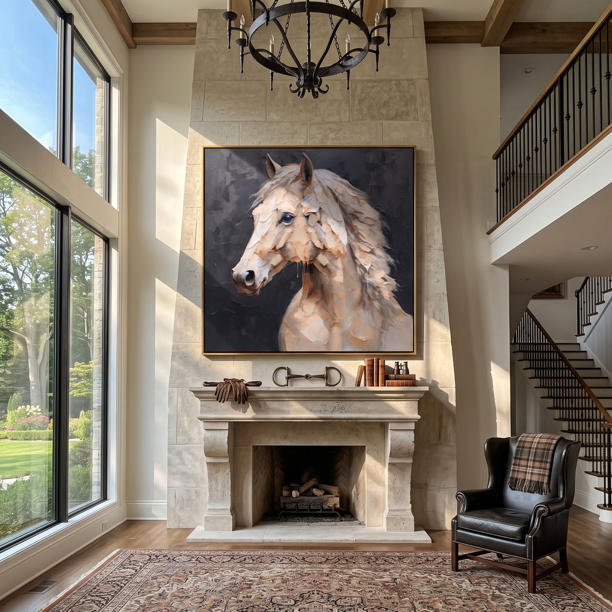 Wind Shapes the Pale Mare - white horse portrait on charcoal, square textured equestrian wall art - displayed above a soft gray living room sofa