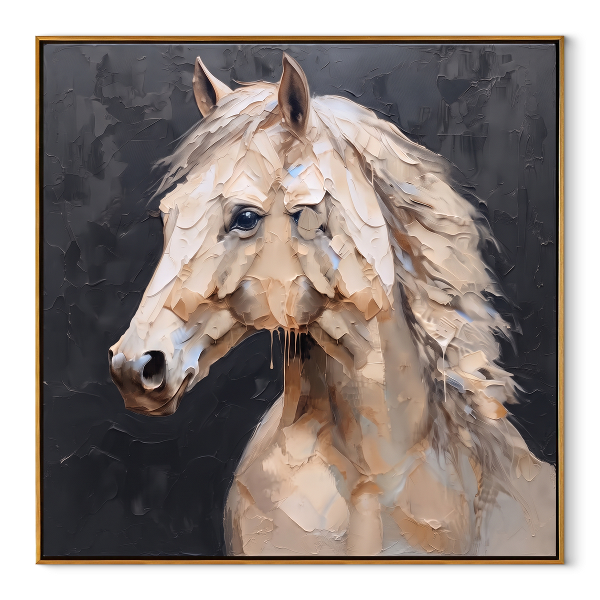 Wind Shapes the Pale Mare - white horse portrait on charcoal, square textured equestrian wall art - wood frame on white background