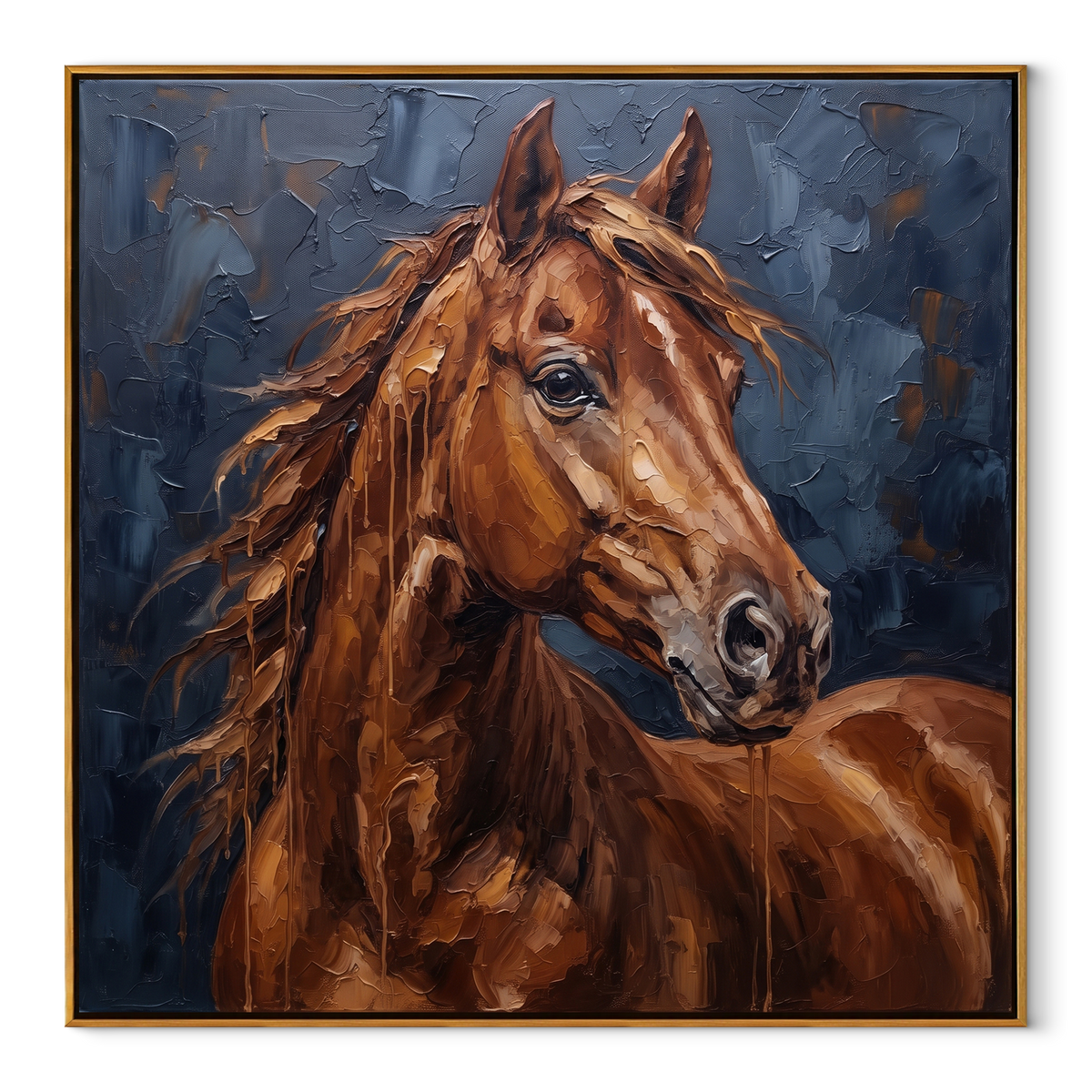 Chestnut Fire Crosses Blue - chestnut horse portrait painting, square textured equestrian wall art - wood frame on white background