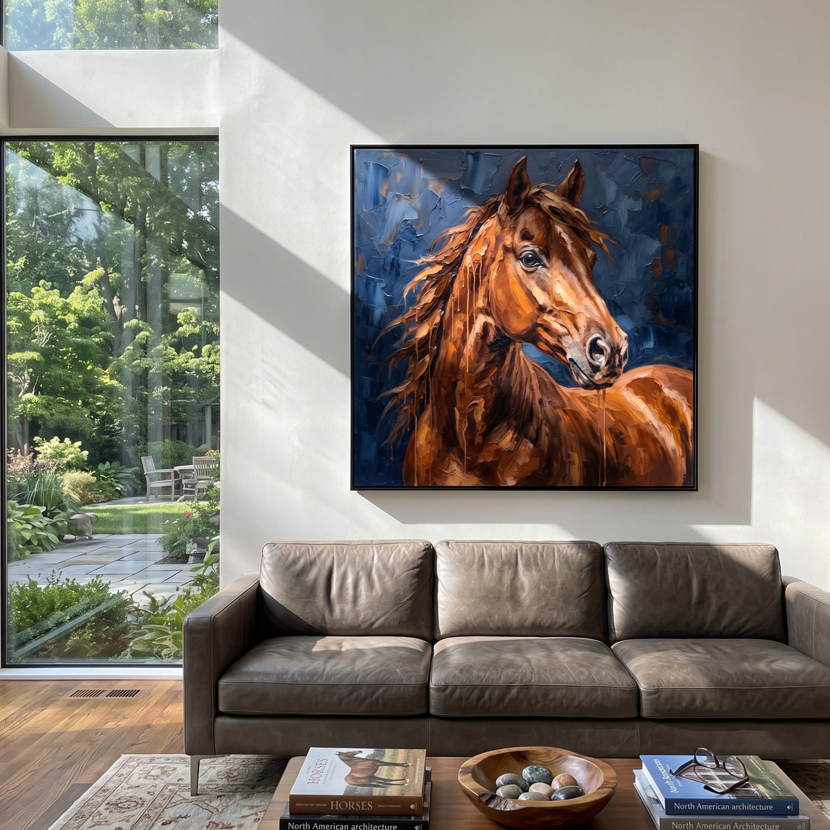 Chestnut Fire Crosses Blue - chestnut horse portrait painting, square textured equestrian wall art - displayed over a boutique hotel console
