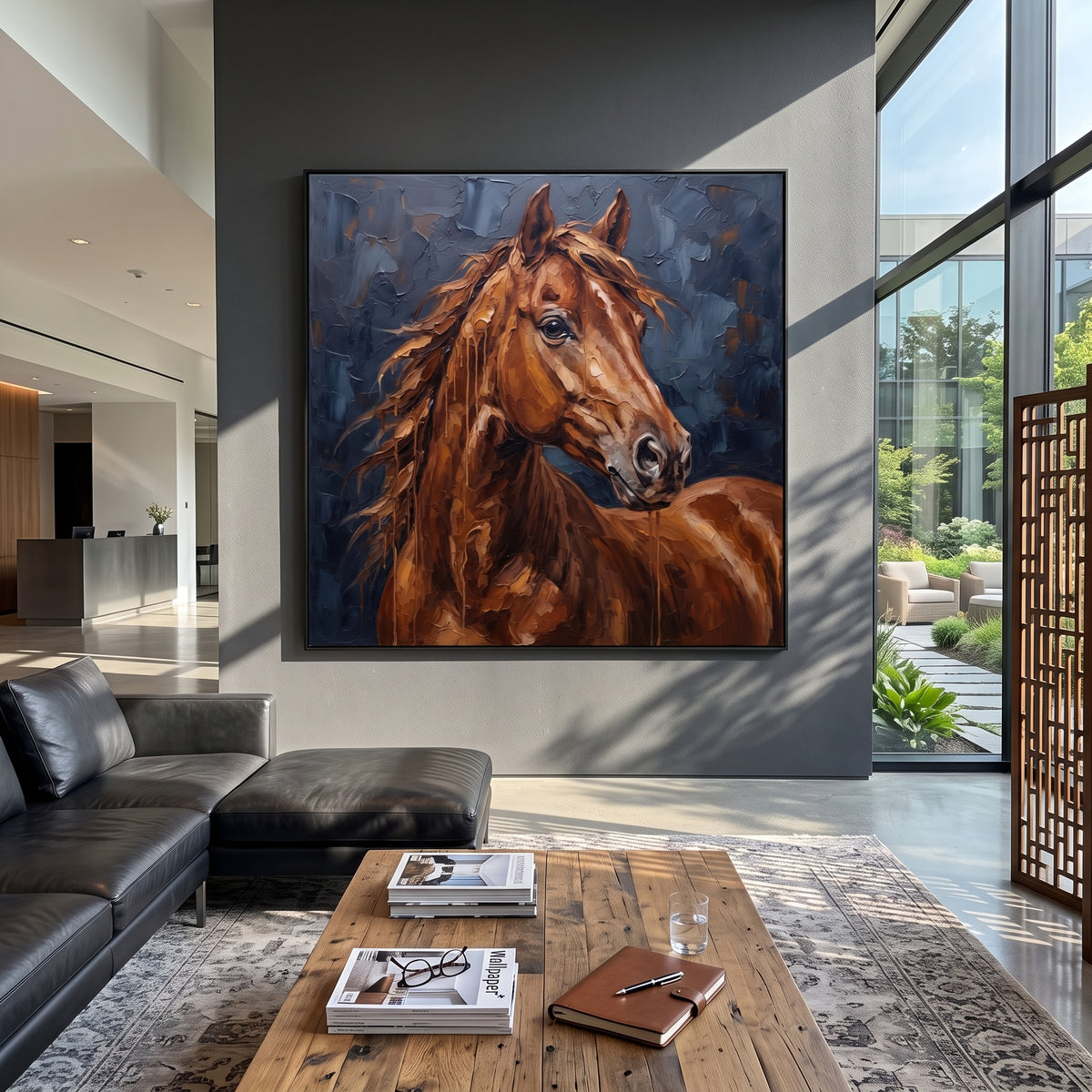 Chestnut Fire Crosses Blue - chestnut horse portrait painting, square textured equestrian wall art - displayed beside a cognac leather chair