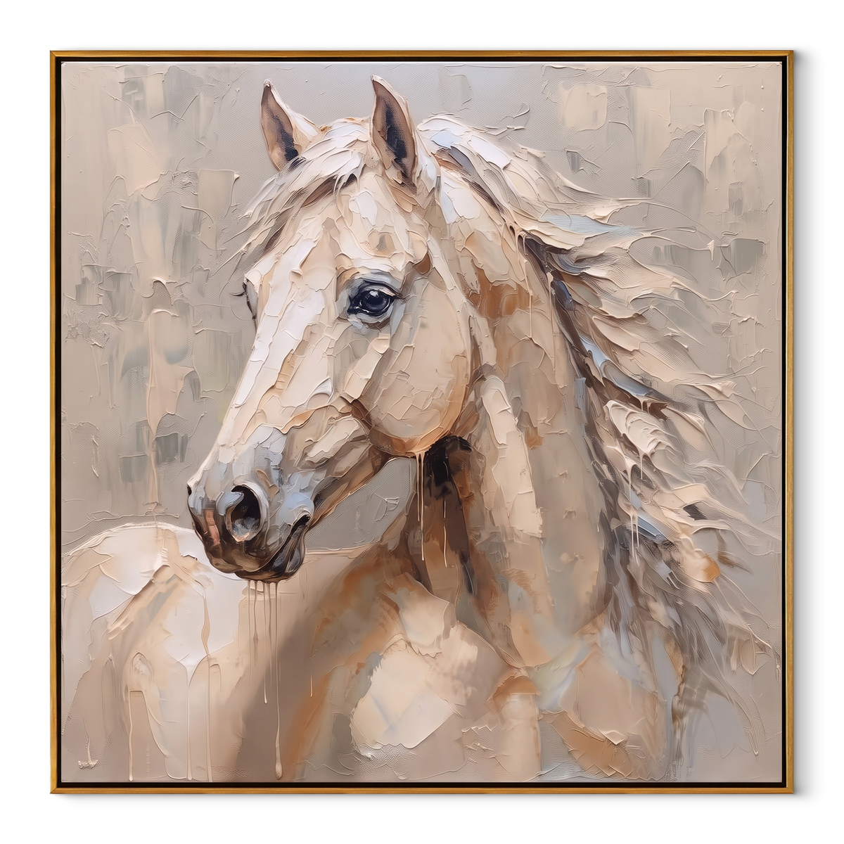 Cream Mane Meets Morning Mist - white horse portrait painting, square textured equestrian wall art - wood frame on white background