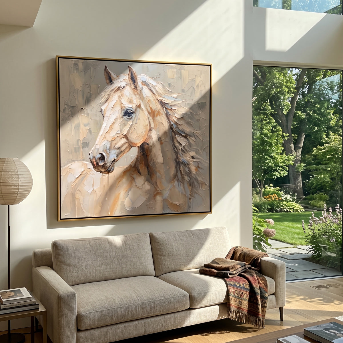 Cream Mane Meets Morning Mist - white horse portrait painting, square textured equestrian wall art - displayed over a softly layered bed