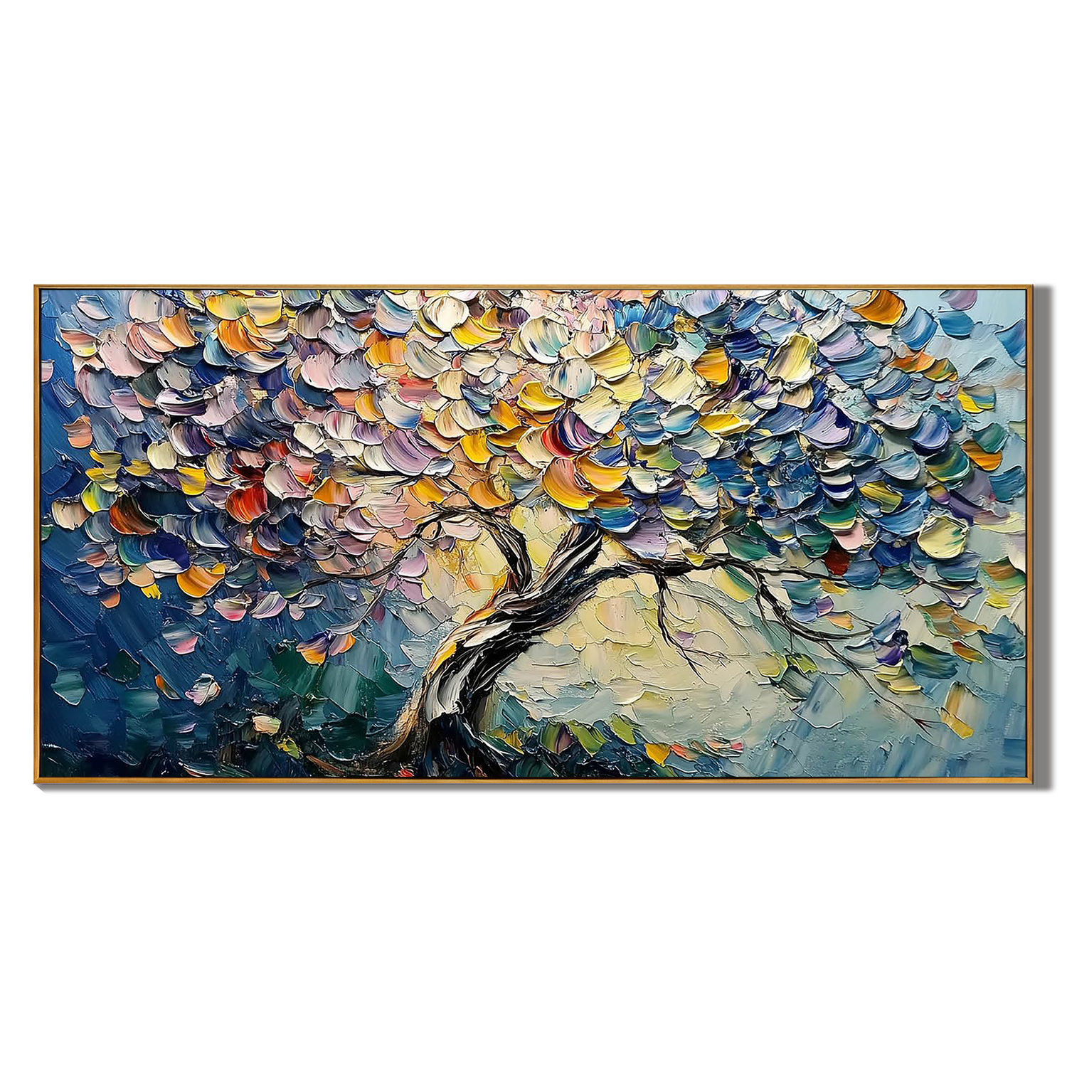 VIBRANT BLOOM: Floral Wall Art, Hand-Painted Horizontal Rainbow Tree 3D Palette Knife Heavy Texture Gallery Art