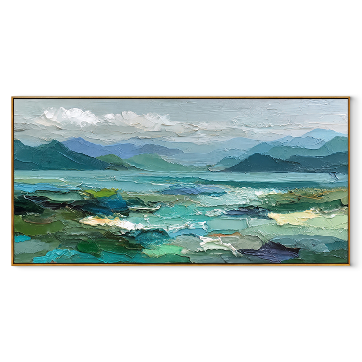 Blue Valley Opens Wide – Turquoise Mountain Landscape Painting | Modern Horizontal Wall Art