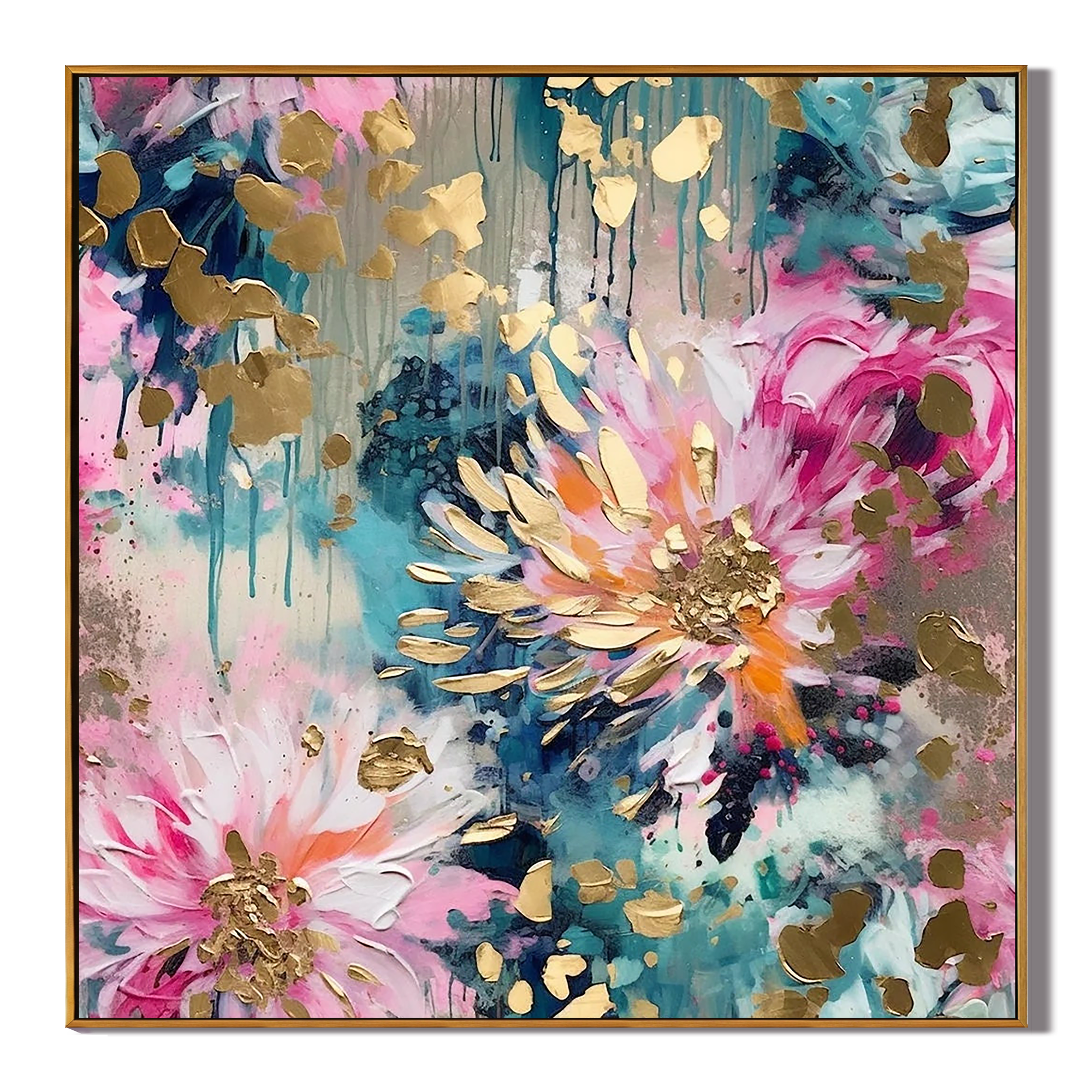 AURORA BLOOM: Floral Wall Art, Hand-Painted Multicolored Pink and Teal Gold Foil Abstract Textured Canvas Painting
