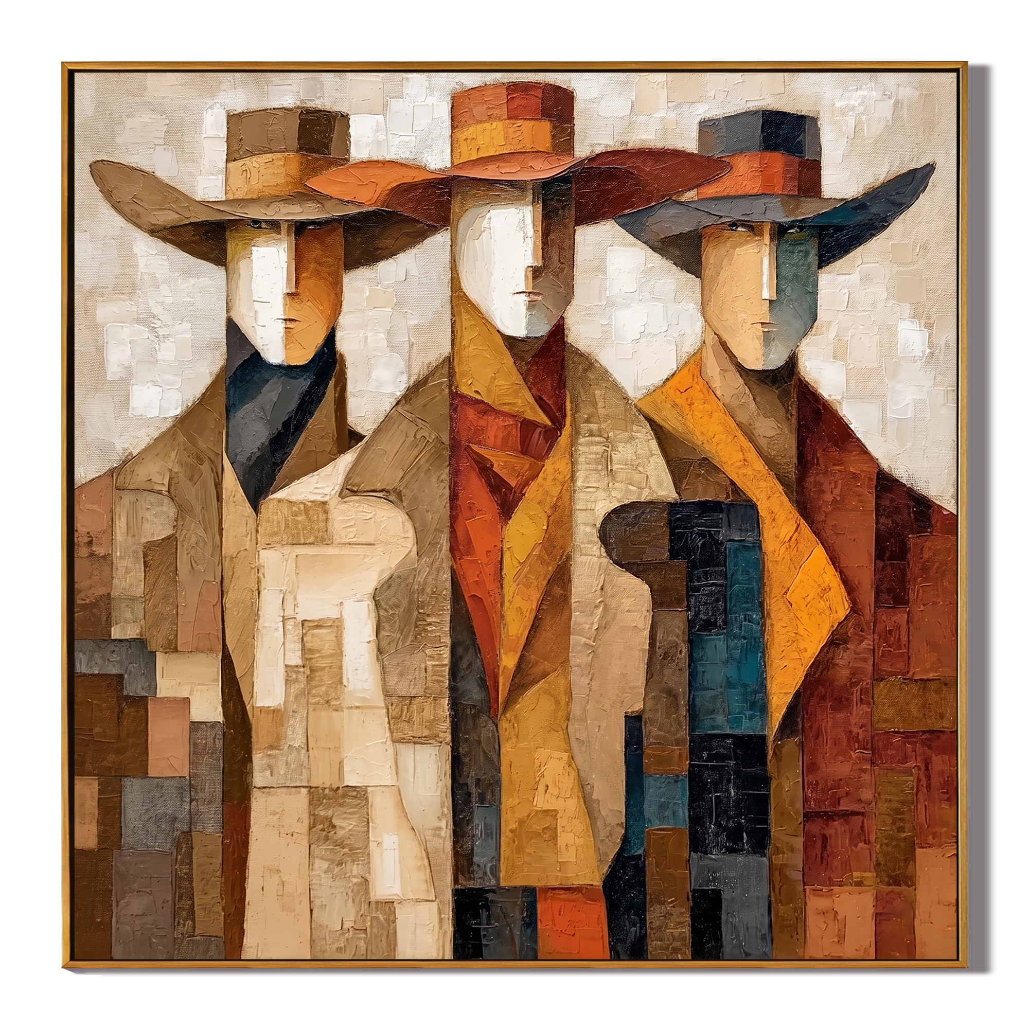 Echoes of the Wild – Modern Cubist Western Figures Oil Painting | Retro Earth Tone Geometric Office Decor