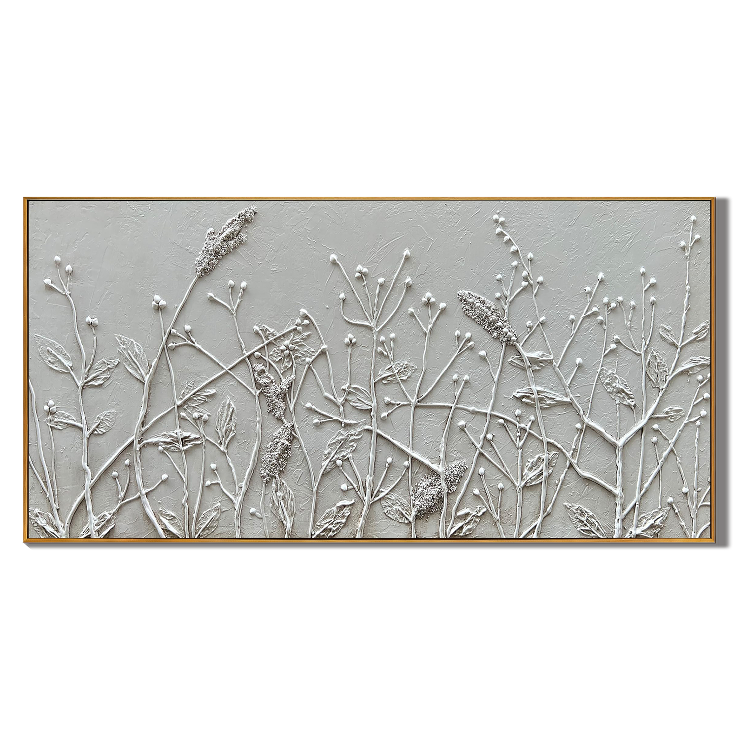 MEADOW BREEZE: Panoramic 3D Plaster Flower Wall Art, White Botanical Relief Painting