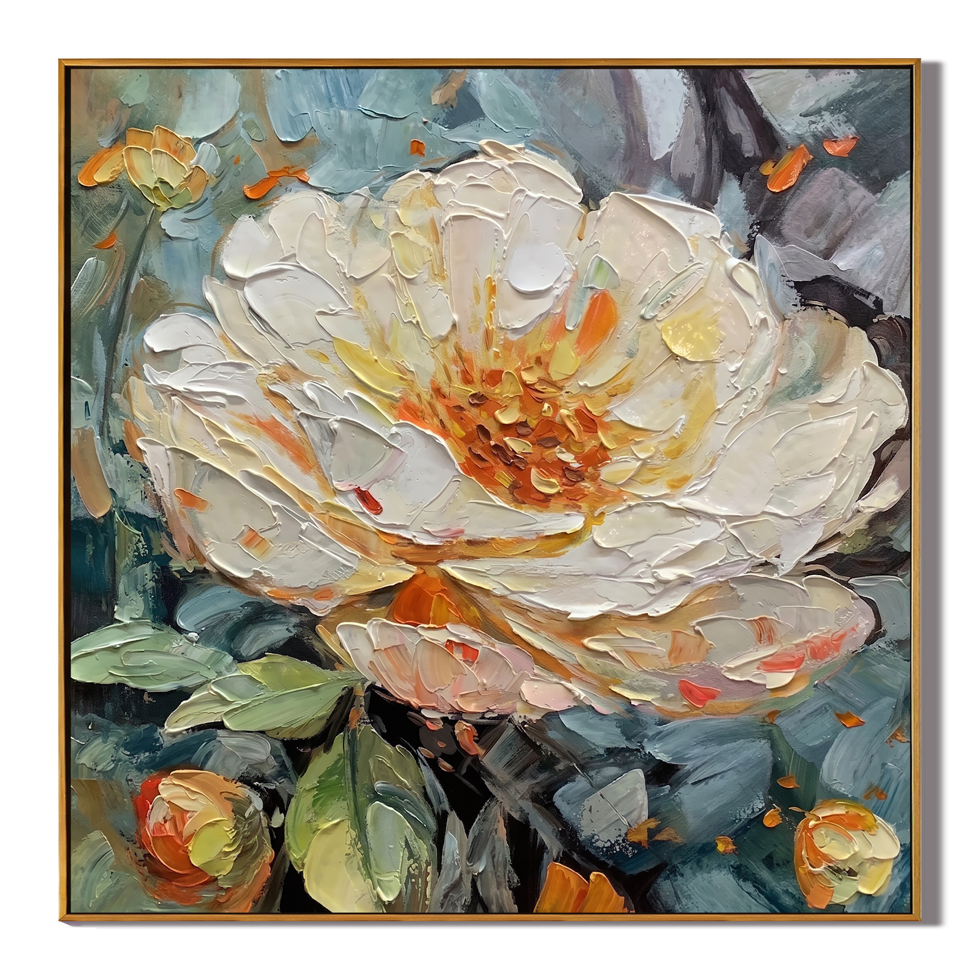 Midnight Bloom - Modern Impasto Slate Blue and White Peony Canvas | Retro-Elegant Bedroom Wall Decor