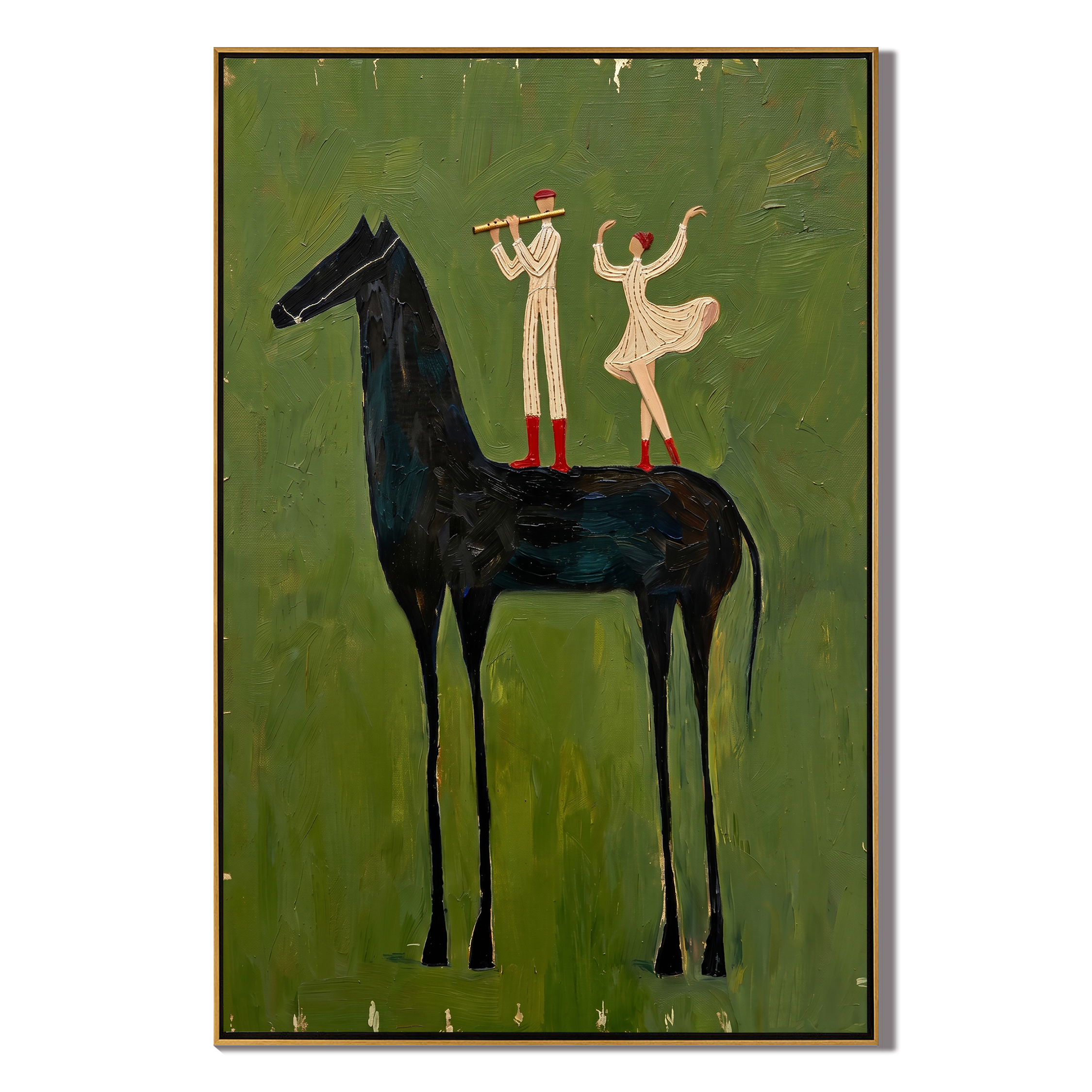 The Forest Serenade – Magical Realism Olive Green Painting | Whimsical Vertical Dining Room Art