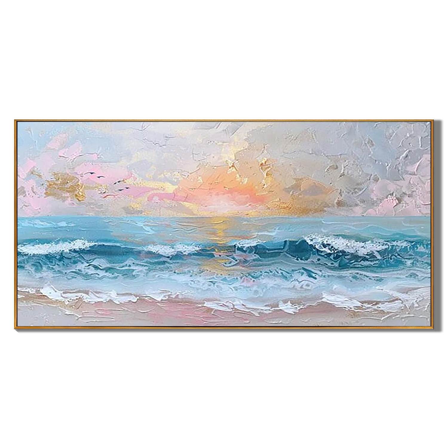 PASTEL SUNSET: Seascape Wall Art, Hand-Painted Sunset Ocean Wave Palette Knife 3D Impasto Heavy Texture Canvas Painting