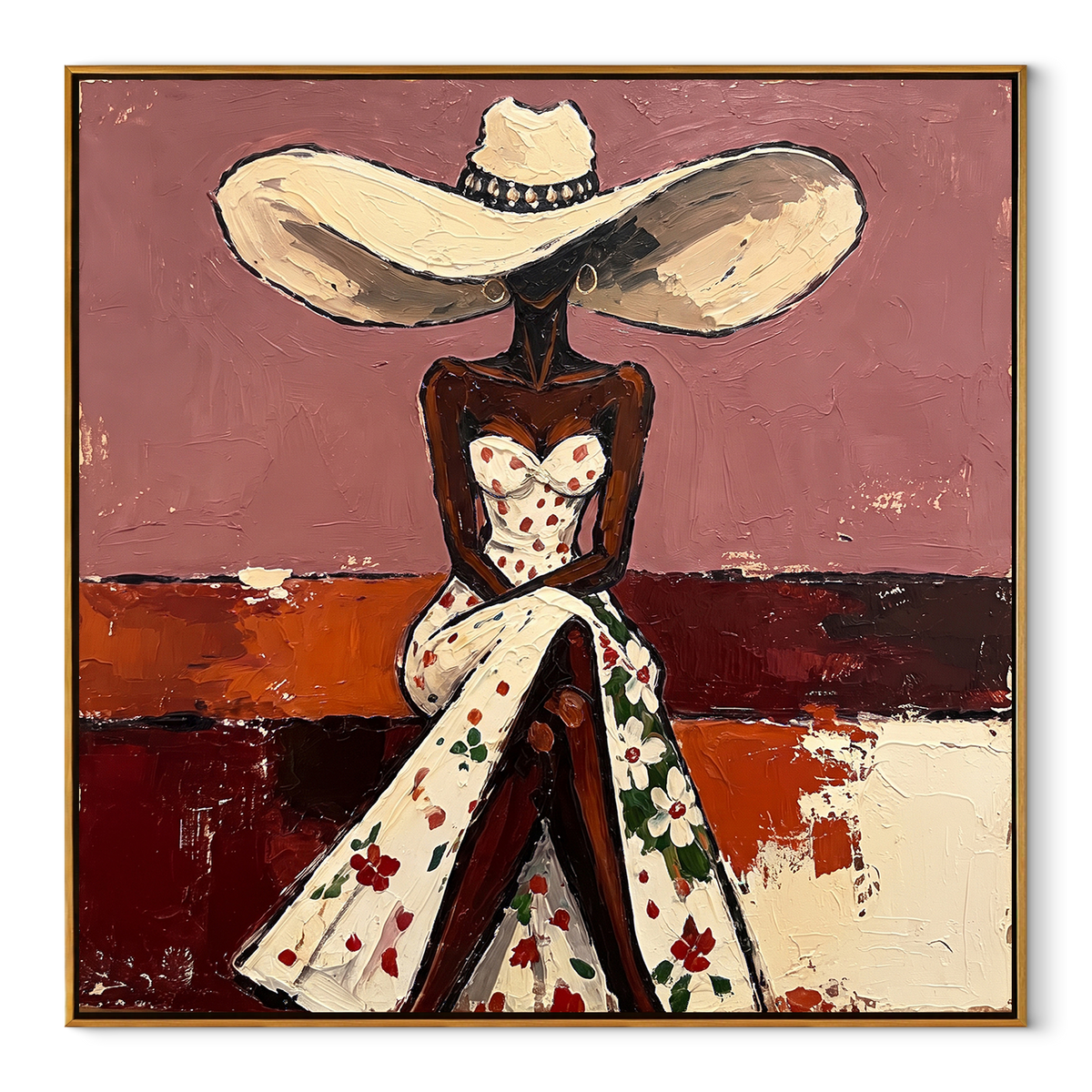 Floral Dress Rose Salon – Woman in Floral Dress Painting | Retro Fashion Square Wall Art