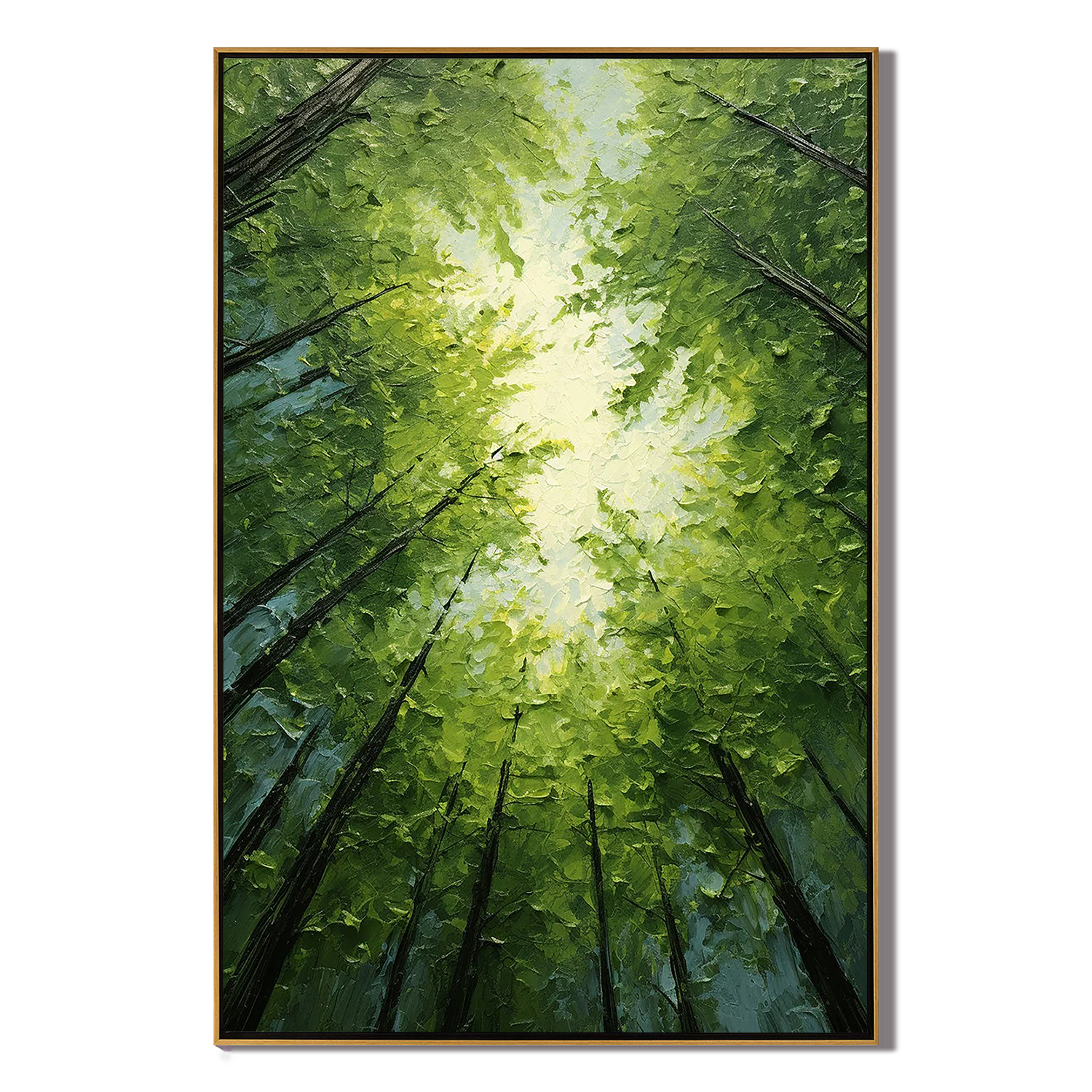 EMERALD CANOPY: Forest Wall Art, Hand-Painted Worm's-Eye View Green Tree Sunlight Palette Knife Textured Studio Art