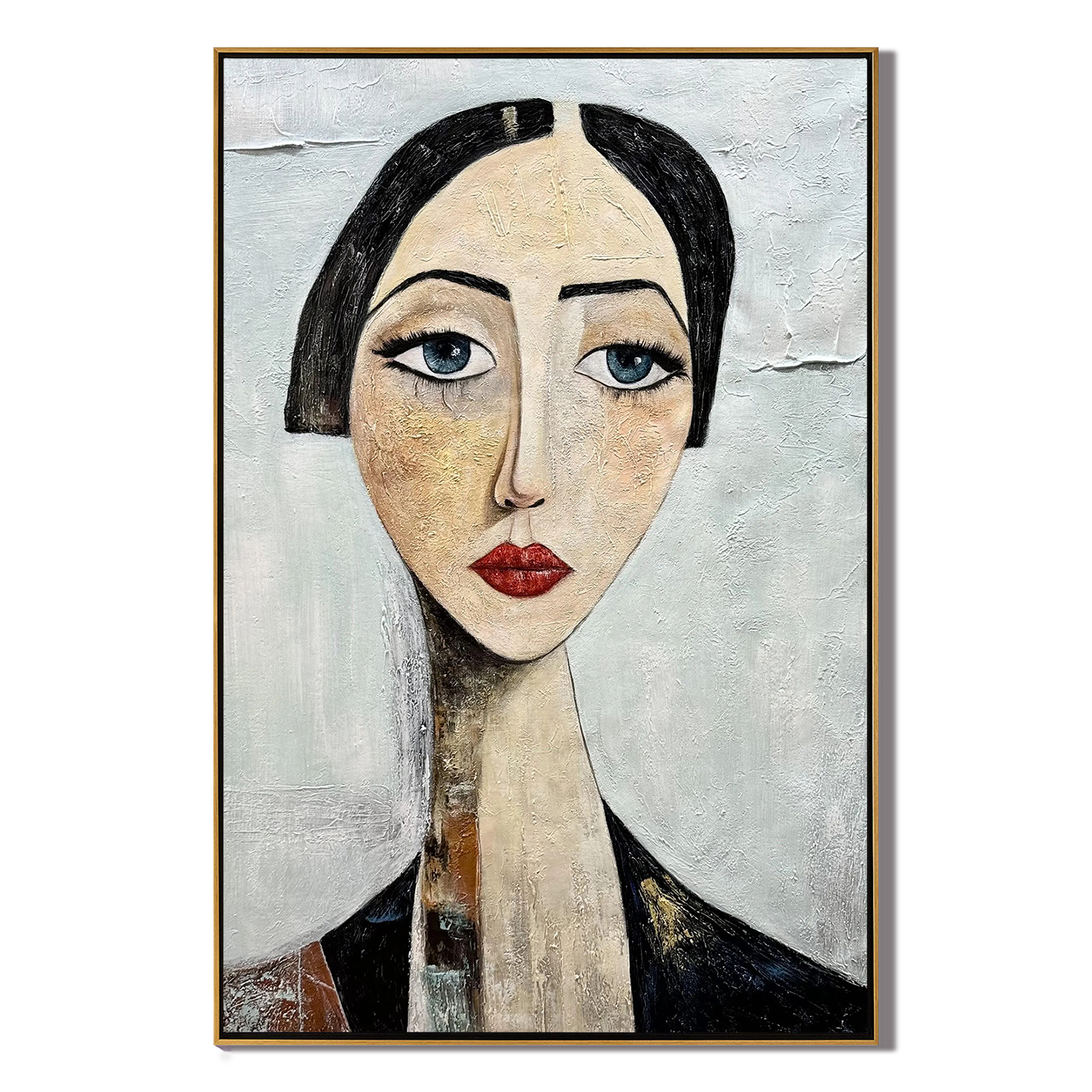 The Sapphire Gaze – Expressionist Modigliani-Style Woman Portrait Painting | Retro Minimalist Living Hallway Art