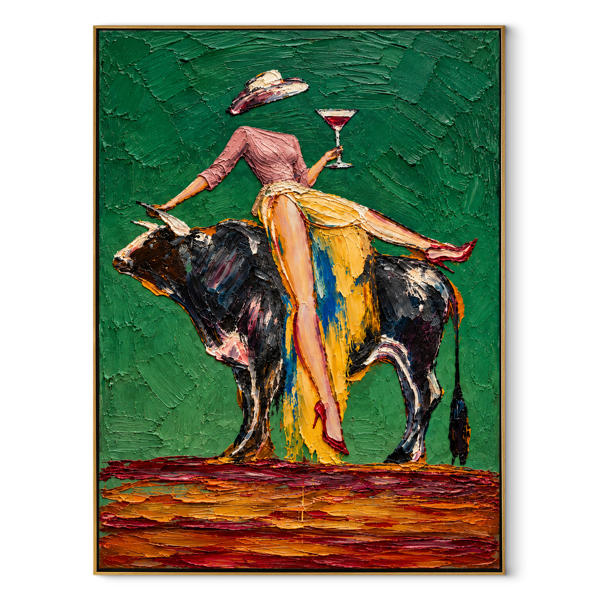 The Rodeo Toast – Vintage Americana Abstract Cowgirl & Bull Painting | Bold Western Living Room Wall Art