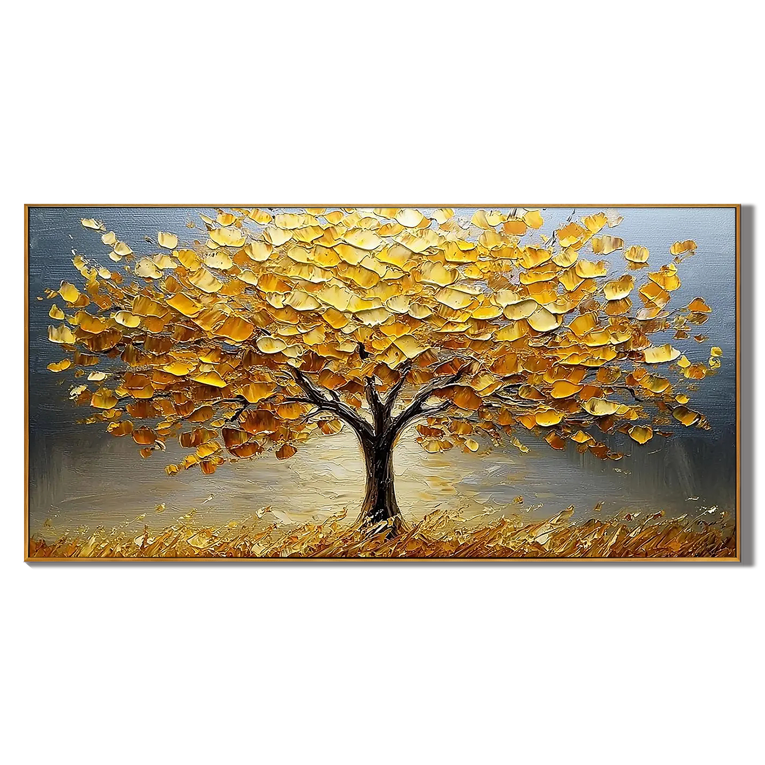 GOLDEN ABUNDANCE: Tree Wall Art, Hand-Painted Impasto Yellow Leaf Heavy Texture Gallery Art