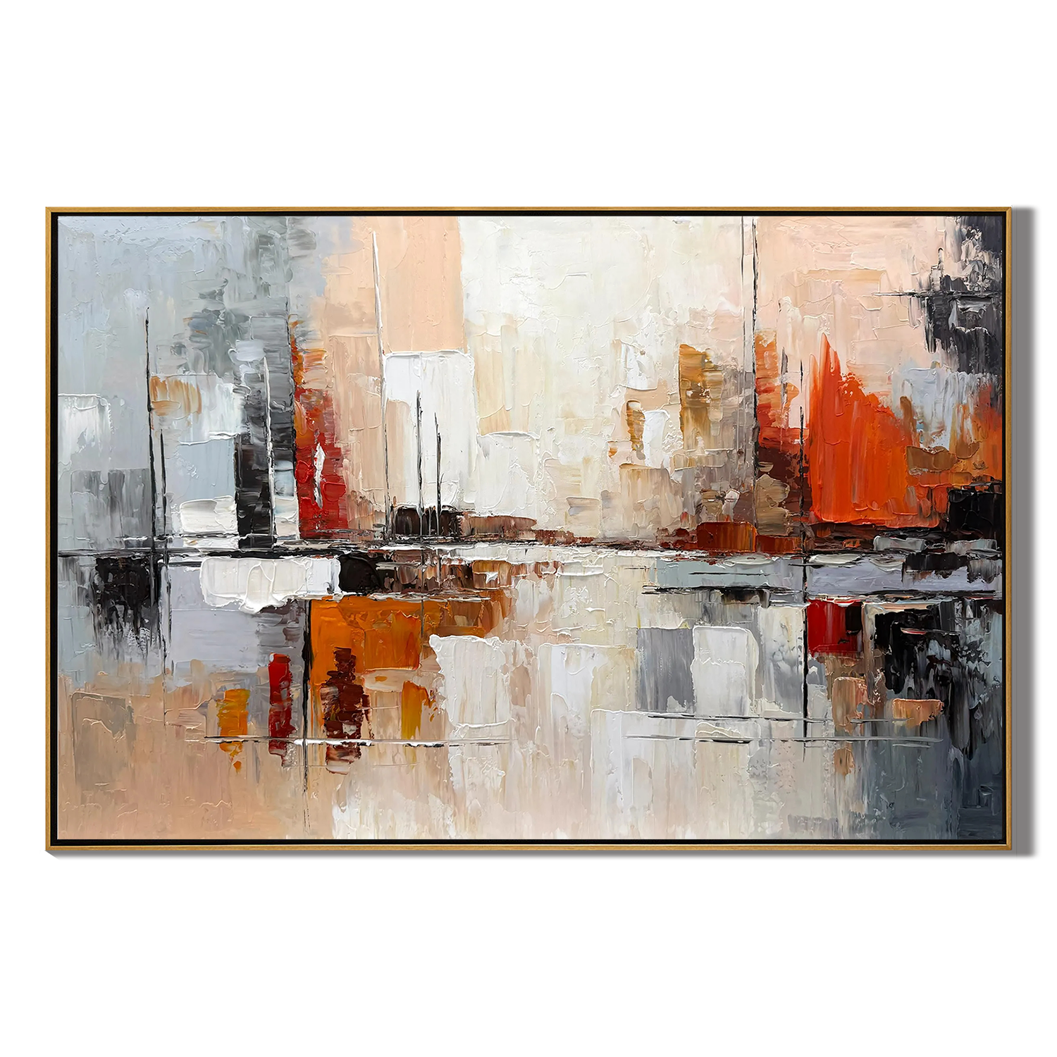 URBAN GLOW: Horizontal 3D Heavy Texture Abstract Wall Art, Modern Orange & Grey Palette Knife Relief