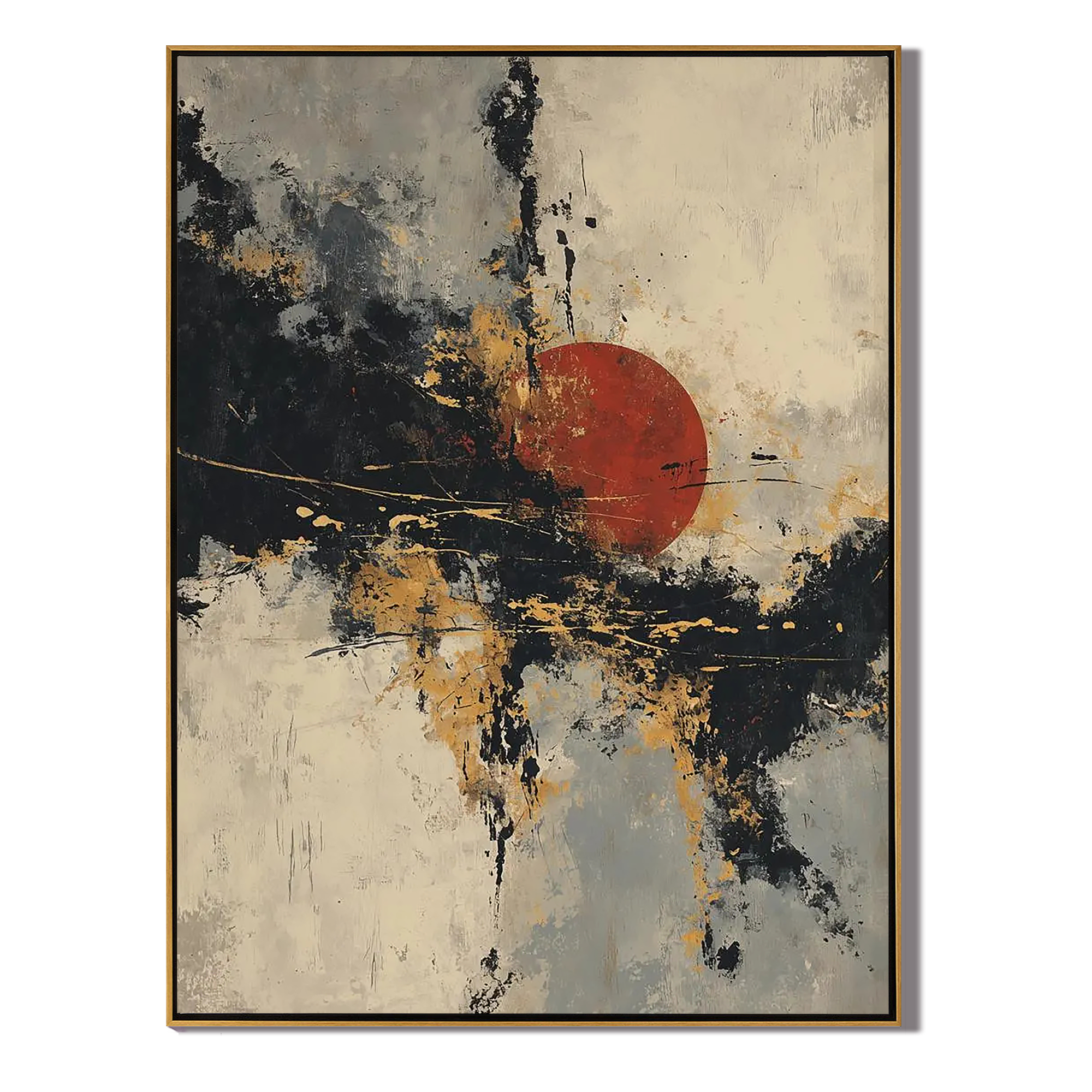 ZEN RISING: Modern Abstract Wall Art, Red Sun & Golden Texture Oil Painting