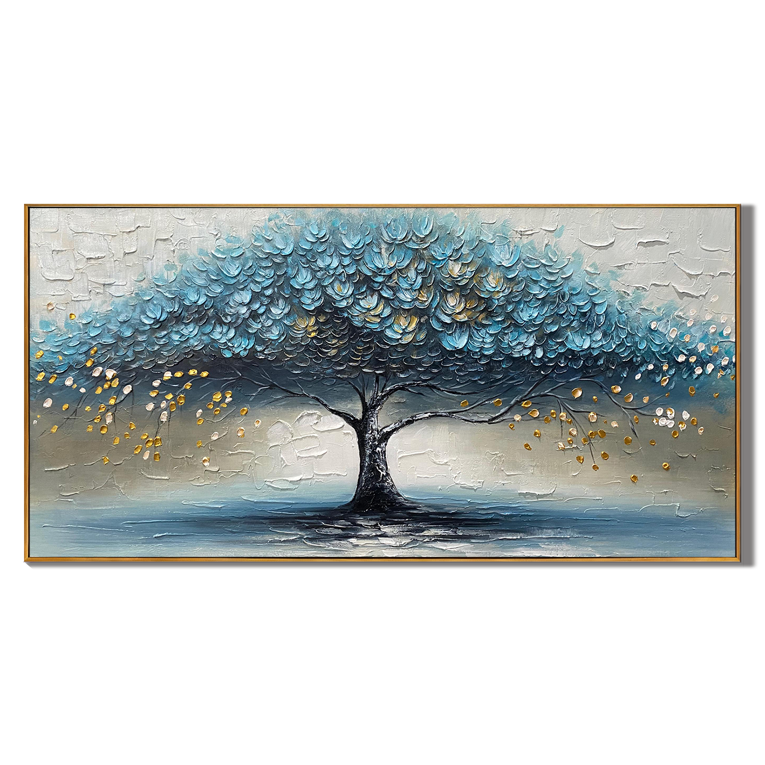 AZURE CANOPY: Tree Wall Art, Hand-Painted Blue and Grey Palette Knife Heavy Texture Canvas Oil Painting