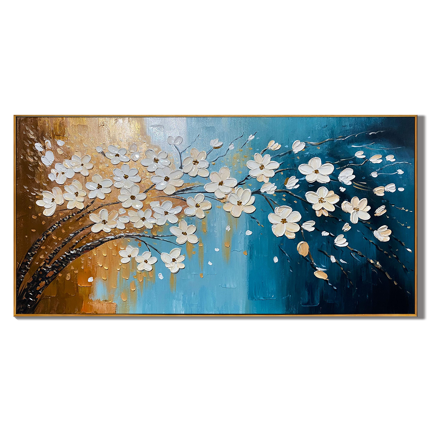 GOLDEN BLOSSOMS: 3D Textured Floral Wall Art, Modern Blue and Gold Tree Hand-Painted Canvas Painting