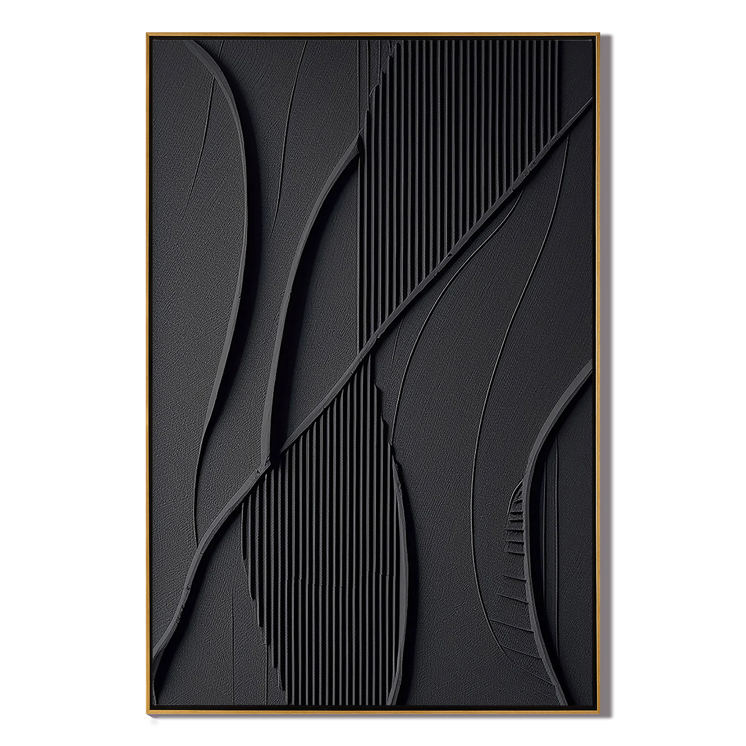 ONYX VEINS: Wabi-Sabi Wall Art, Hand-Painted Matte Black Intertwined Fluid Lines Fluted Texture Relief Studio Art