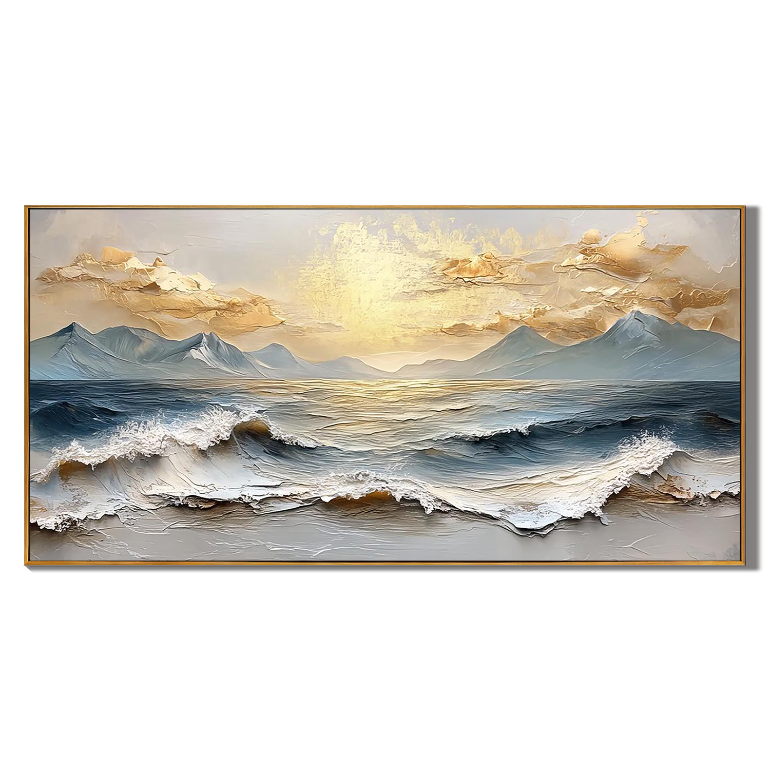 AURUM TIDE: Seascape Wall Art, Hand-Painted Golden Sunset Mountain Ocean Wave Palette Knife Oil Painting