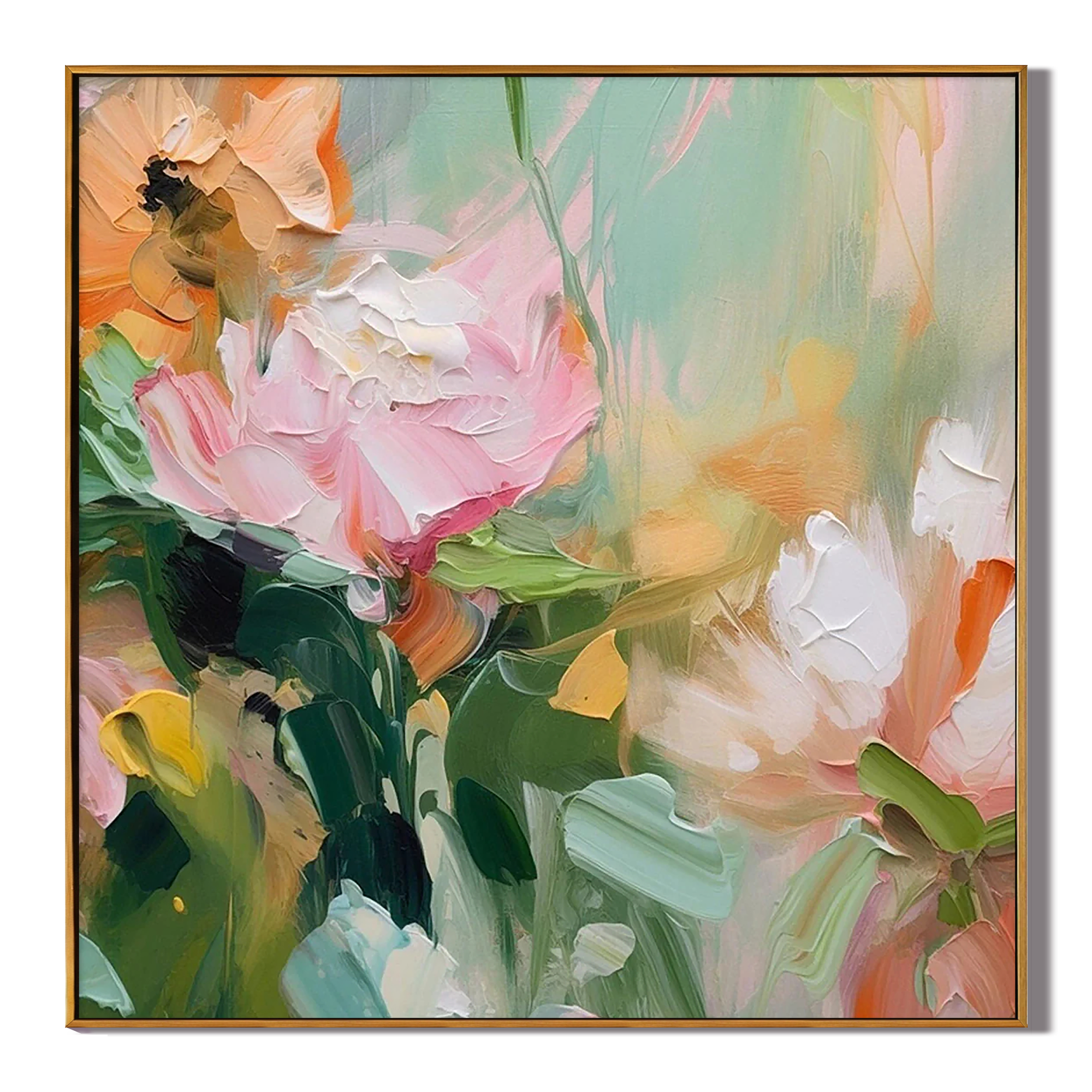 PASTEL WHISPER: Floral Wall Art, Hand-Painted Impressionist Pink and Sage Green Palette Knife 3D Impasto Textured Canvas Painting
