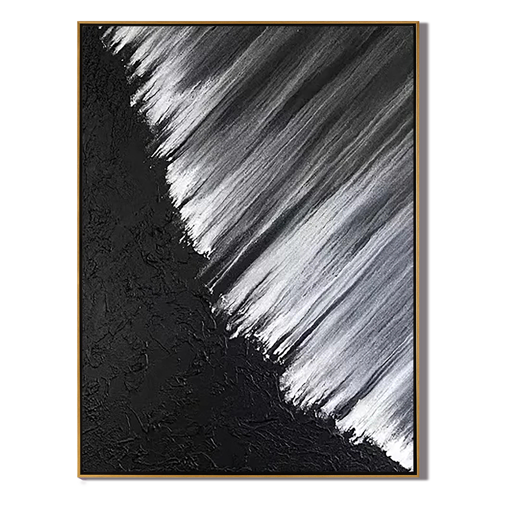 METALLIC SWEEP: Minimalist Wall Art, Hand-Painted Black Plaster and Silver Brush Stroke 3D Heavy Texture Studio Art