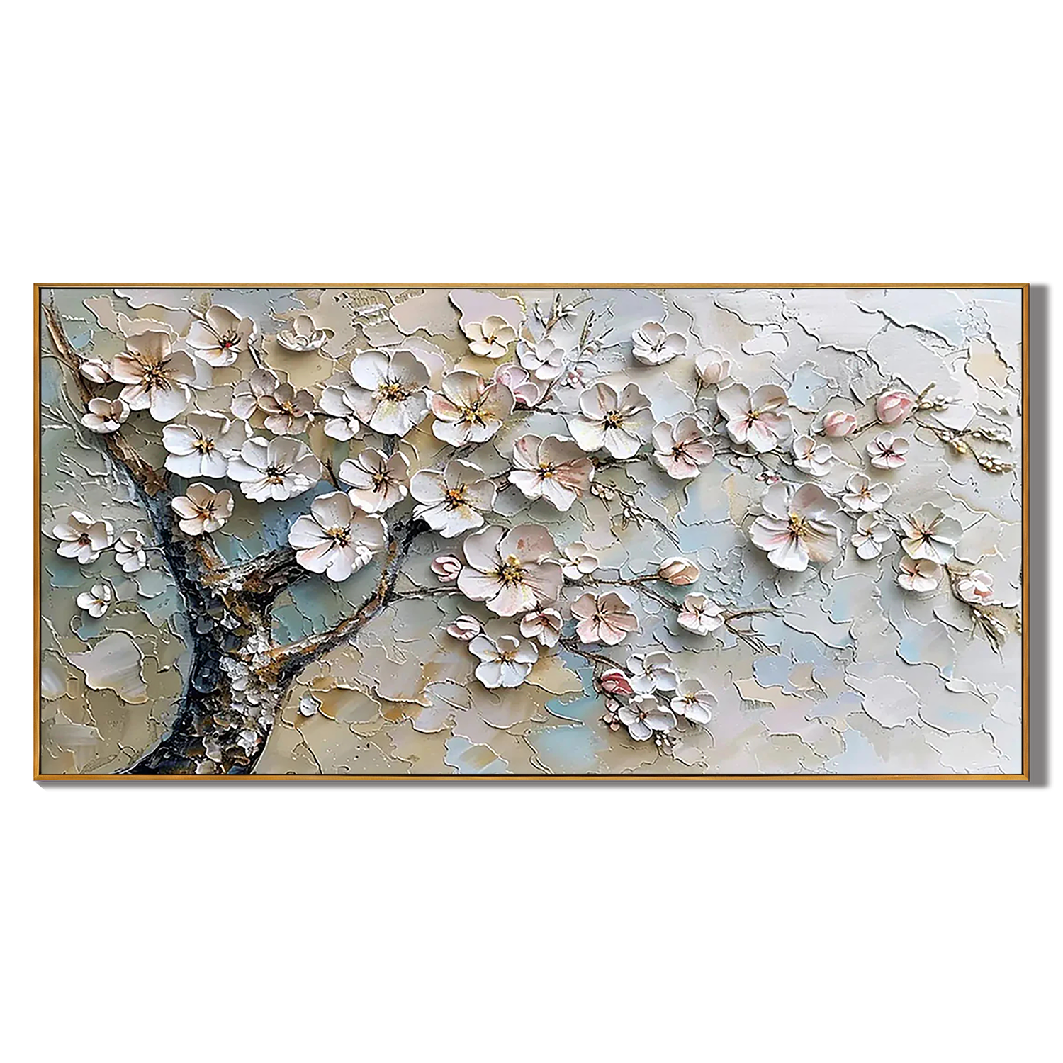ALABASTER BLOOM: Floral Wall Art, Hand-Painted White Blossom 3D Relief Palette Knife Heavy Texture Canvas Painting