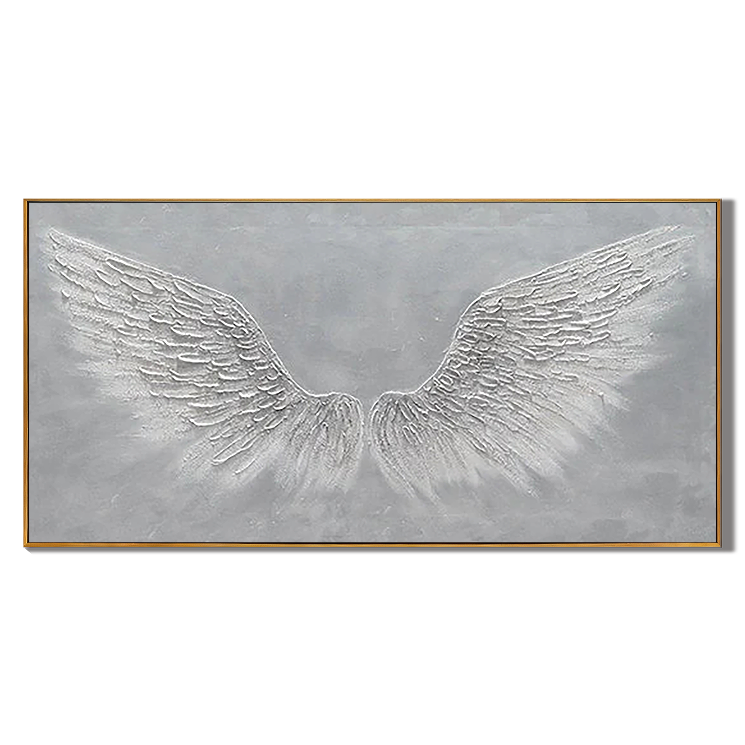 ANGELIC REACH: Panoramic 3D Heavy Texture Wing Wall Art, Silver-Grey Plaster Relief Painting