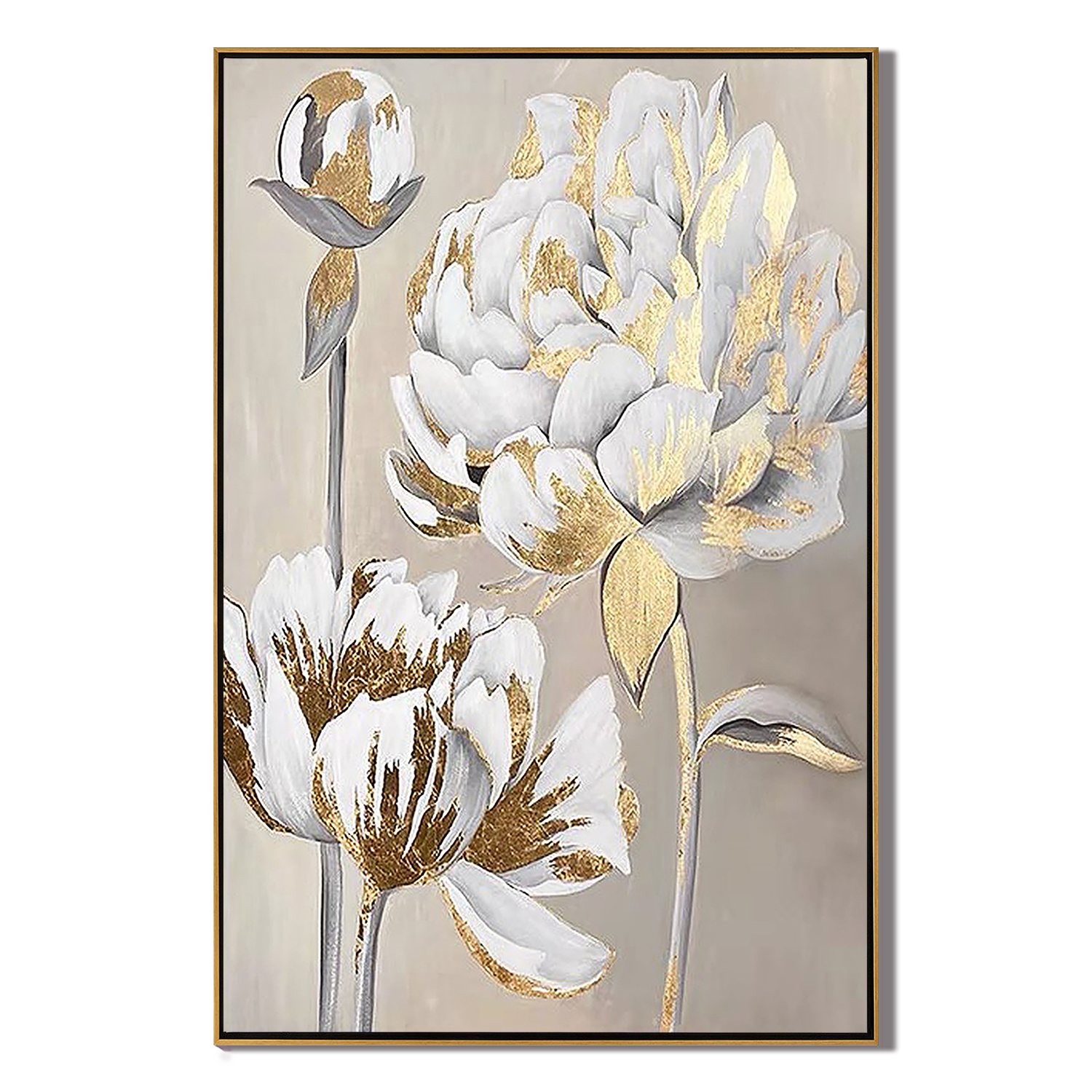 GOLDEN PEONY: Floral Wall Art, Hand-Painted Off-White and Gold Foil 3D Relief Plaster Effect Gallery Art