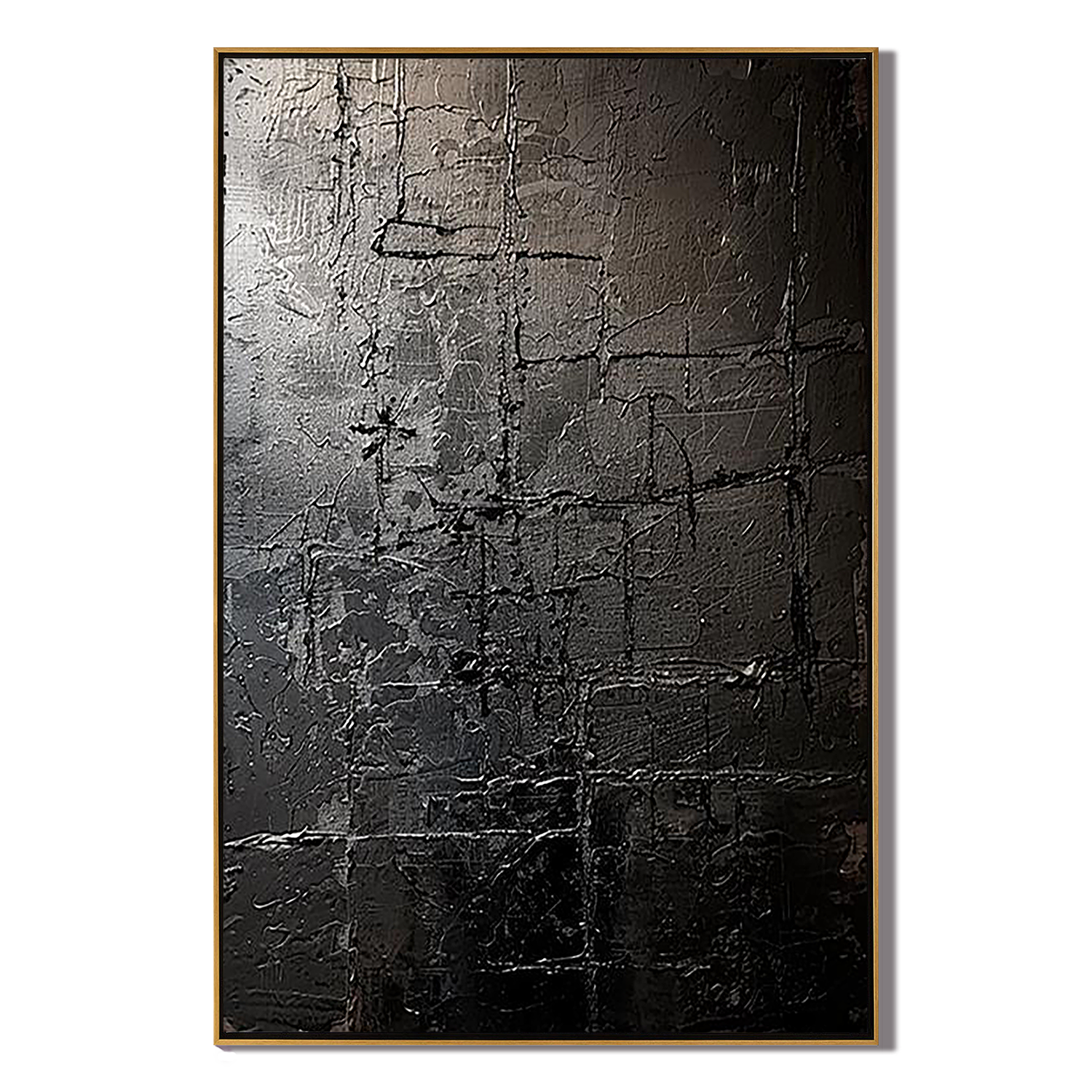 CHARCOAL VESTIGE: Wabi-Sabi Wall Art, Hand-Painted Distressed Black Plaster Relief 3D Textured Canvas Art