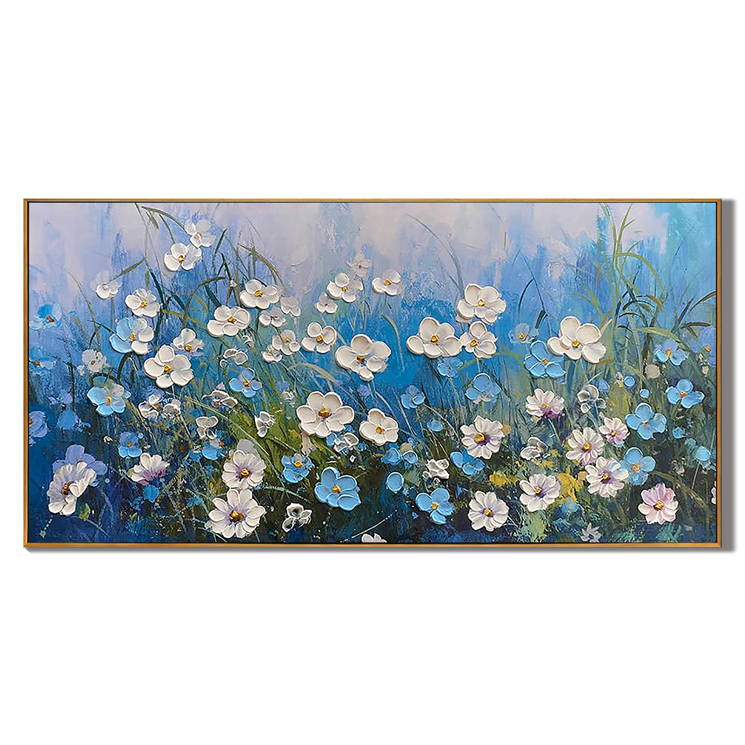 AZURE MEADOW: Panoramic 3D Heavy Texture Floral Wall Art, Blue Wildflower Relief Painting