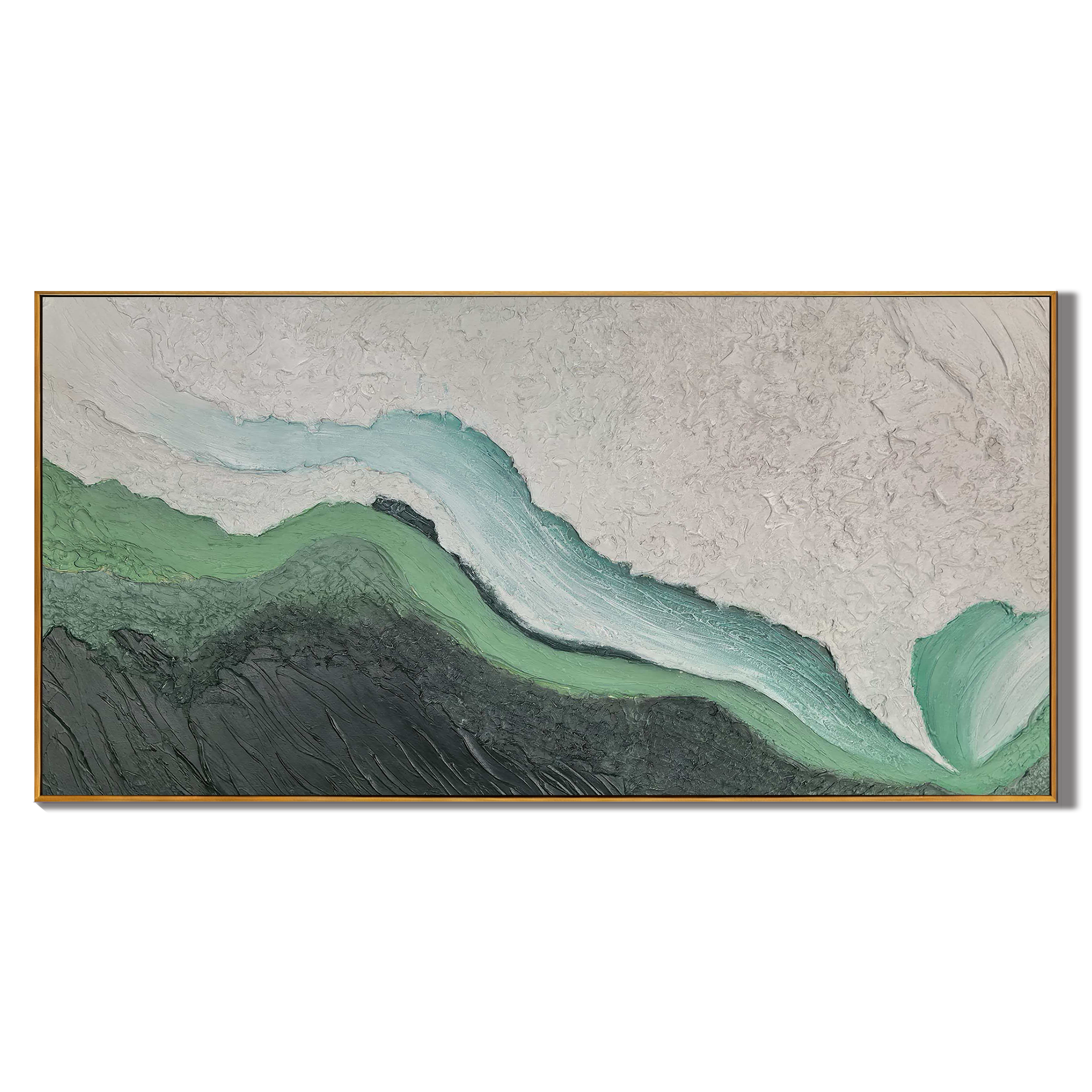 Mossy Earth – Panoramic Heavy Texture Green Abstract Painting | Wabi-sabi Nature Inspired Living Room Art