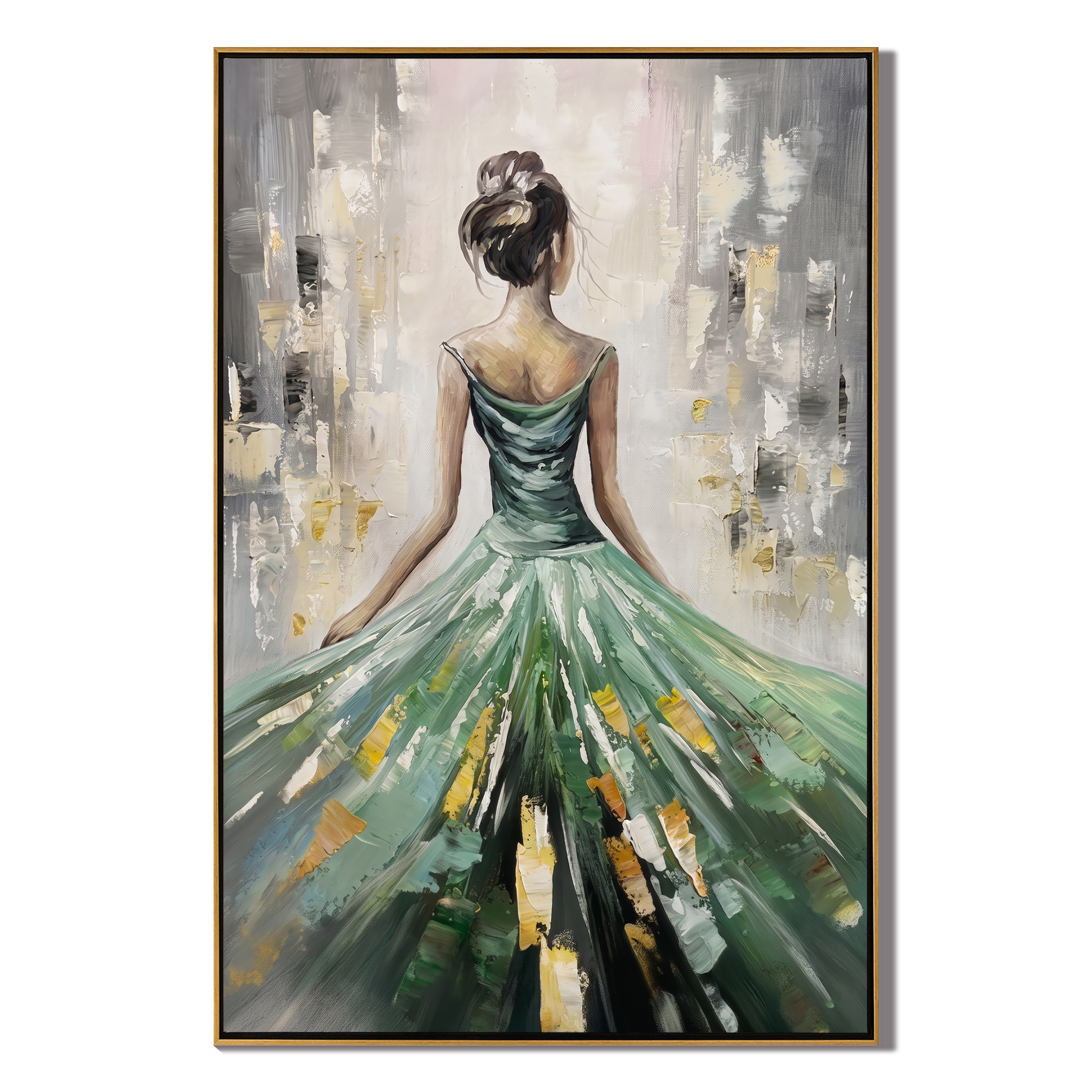 Emerald Radiance – Modern Impressionist Figure Painting | Elegant Woman in Sage Green Gown Bedroom Art
