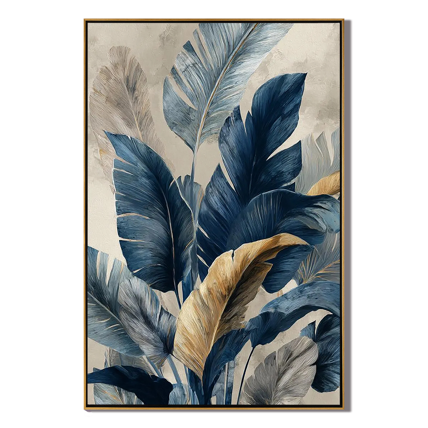 MIDNIGHT JUNGLE: Floral Wall Art, Hand-Painted Navy Blue and Gold Foil Banana Leaf 3D Heavy Texture Studio Art