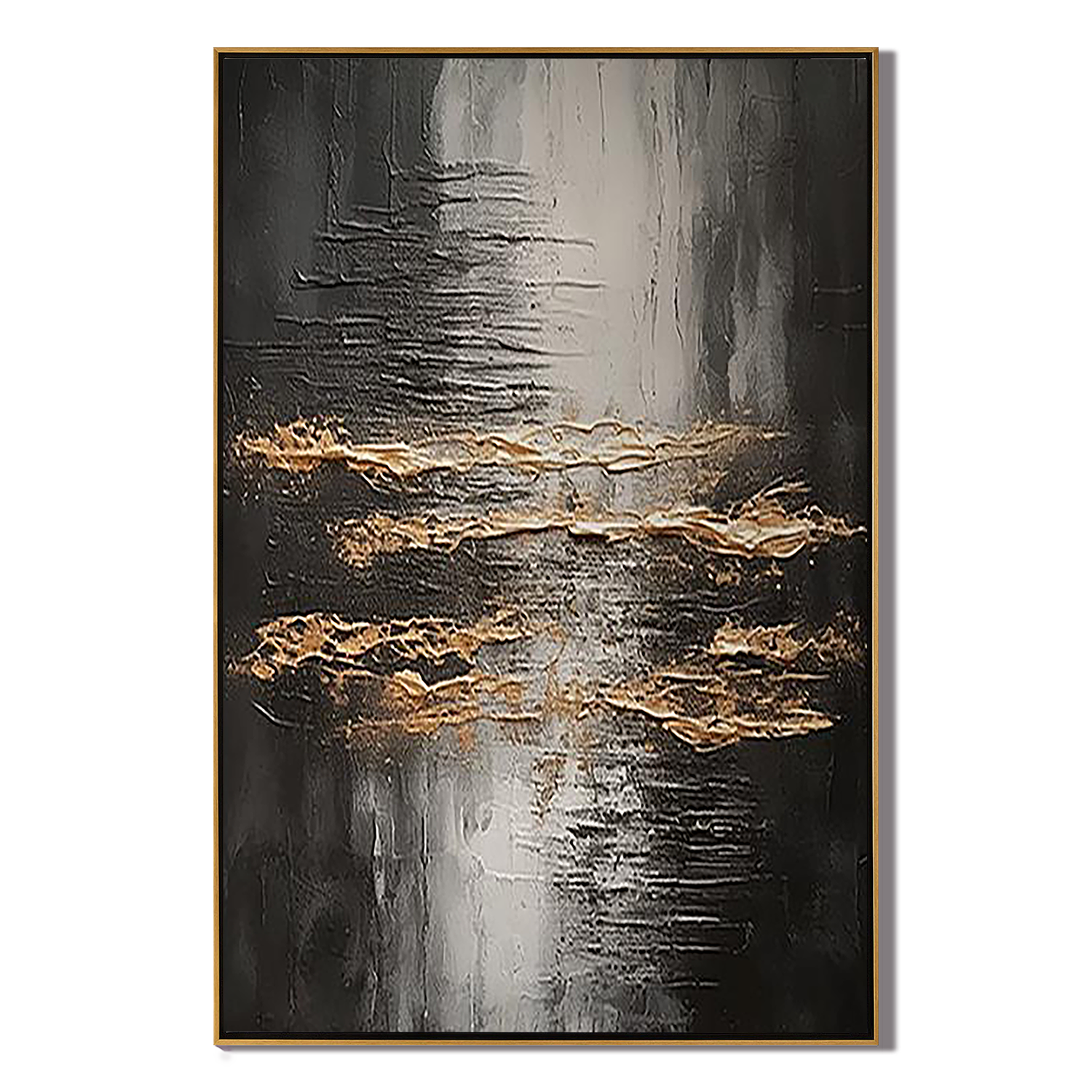 ONYX RHYTHM: Modern Vertical 3D Heavy Texture Wall Art, Black & Gold Plaster Relief Abstract