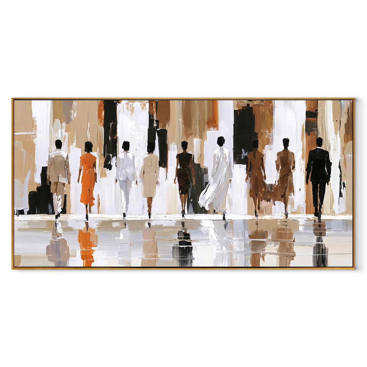 Figures in Passing Light – Neutral Crowd Reflection Painting | Modern Horizontal Wall Art