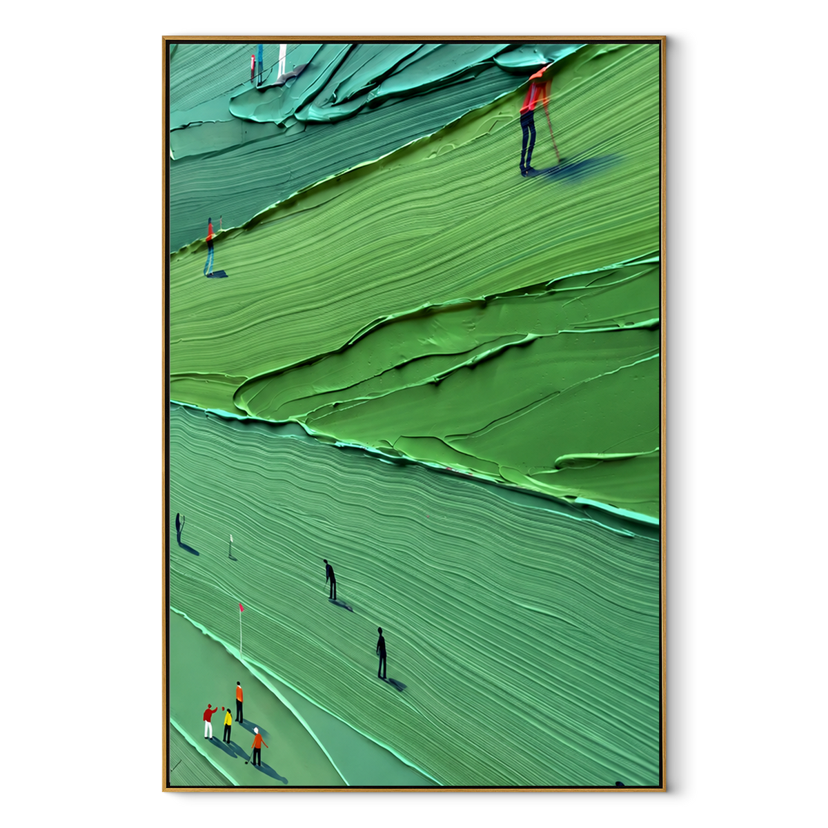 Golfers Across Emerald Ridges – Textured Golf Course Painting | Modern Vertical Wall Art