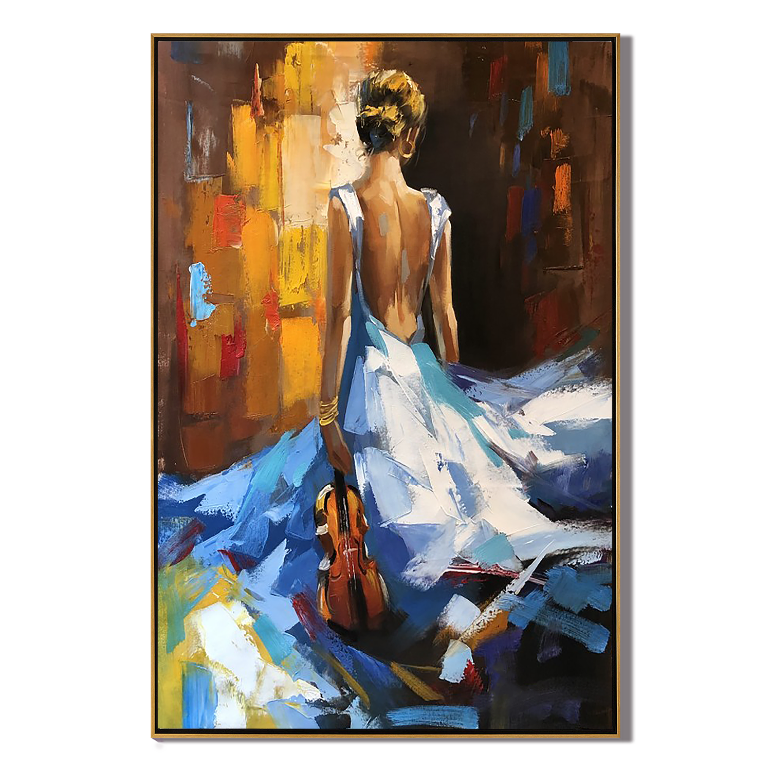 AZURE SONATA: Impasto Violinist Oil Painting, Elegant Lady in Blue Gown Art