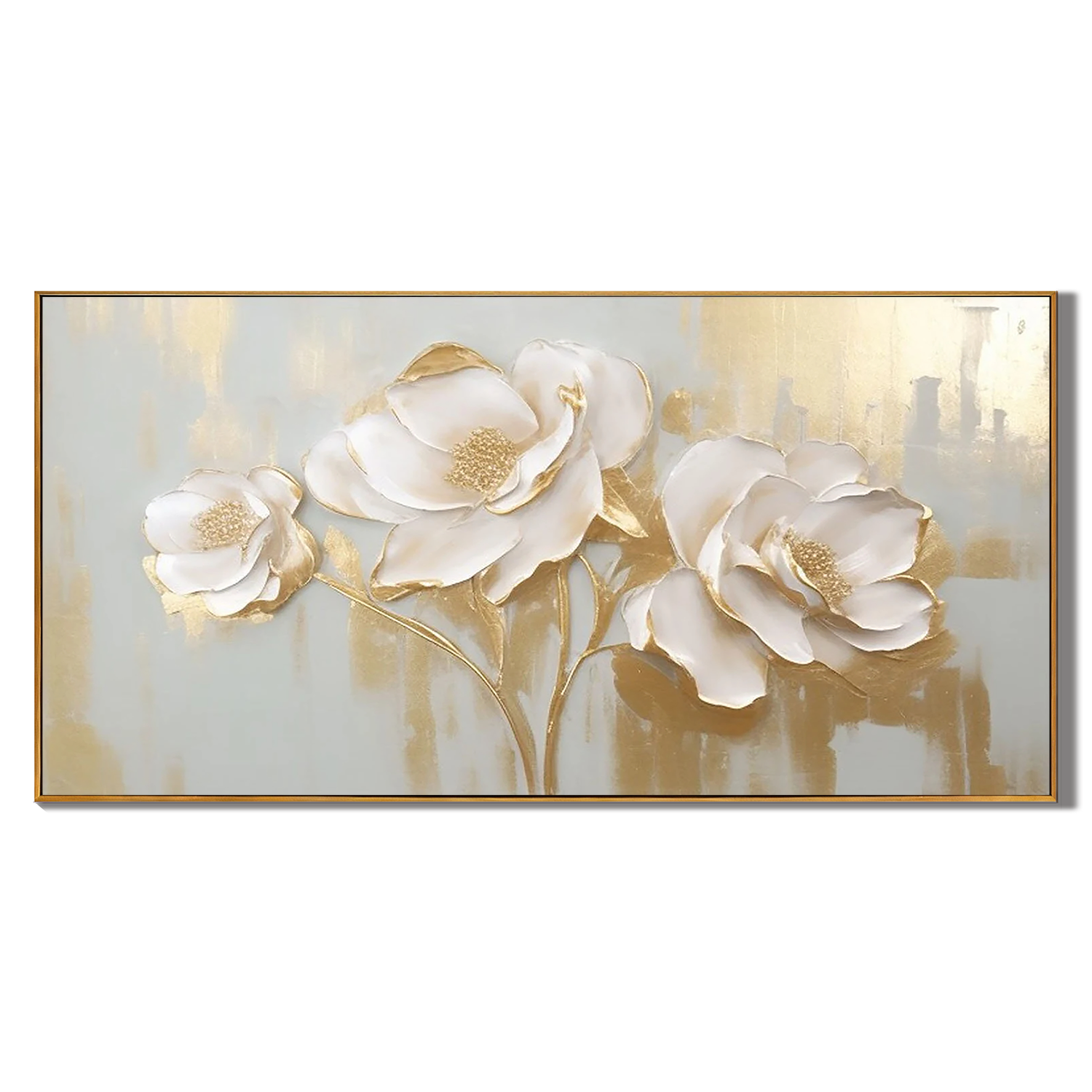 GOLDEN ELEGANCE: Flower-Tree Art, Hand-Painted Horizontal Light Grey and Gold Foil 3D Relief Plaster Effect Studio Art