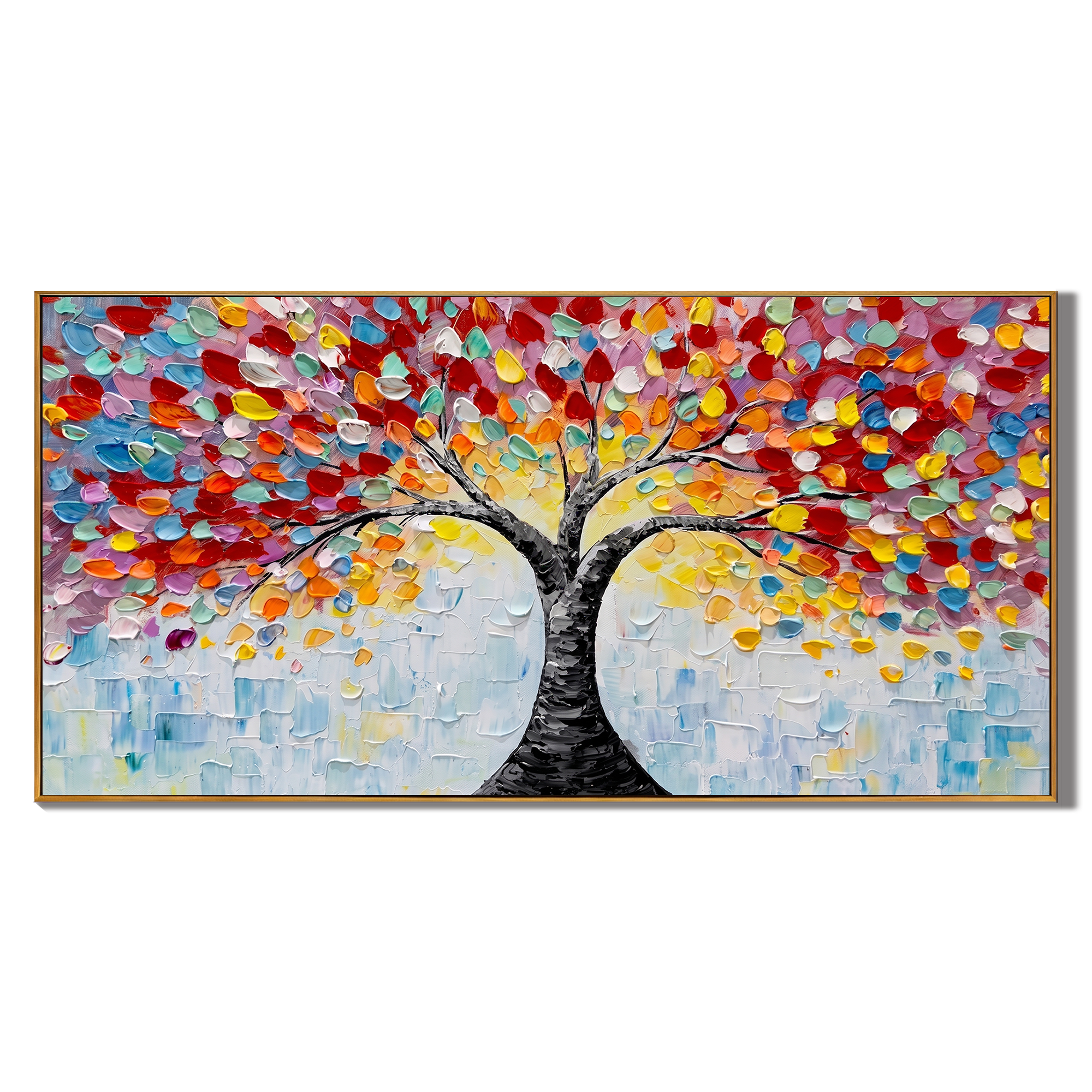 Rainbow Canopy – Modern Impasto Tree of Life Oil Painting | Vibrant Textured Panorama Living Room Art