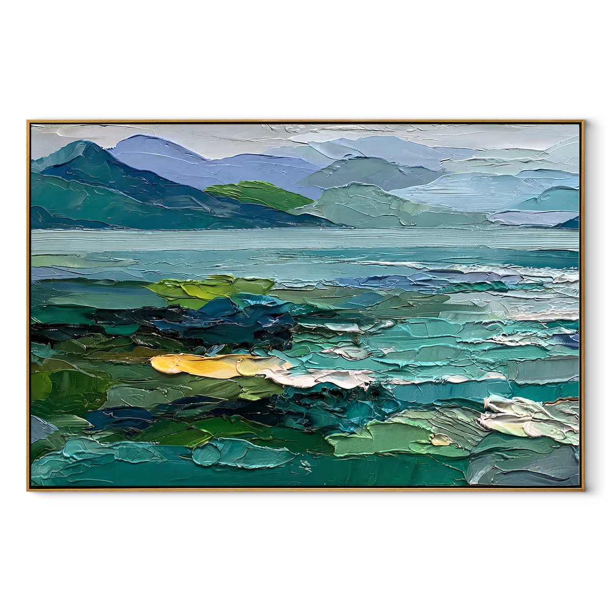 Lake Between Green Hills – Turquoise Lake Landscape Painting | Modern Horizontal Wall Art