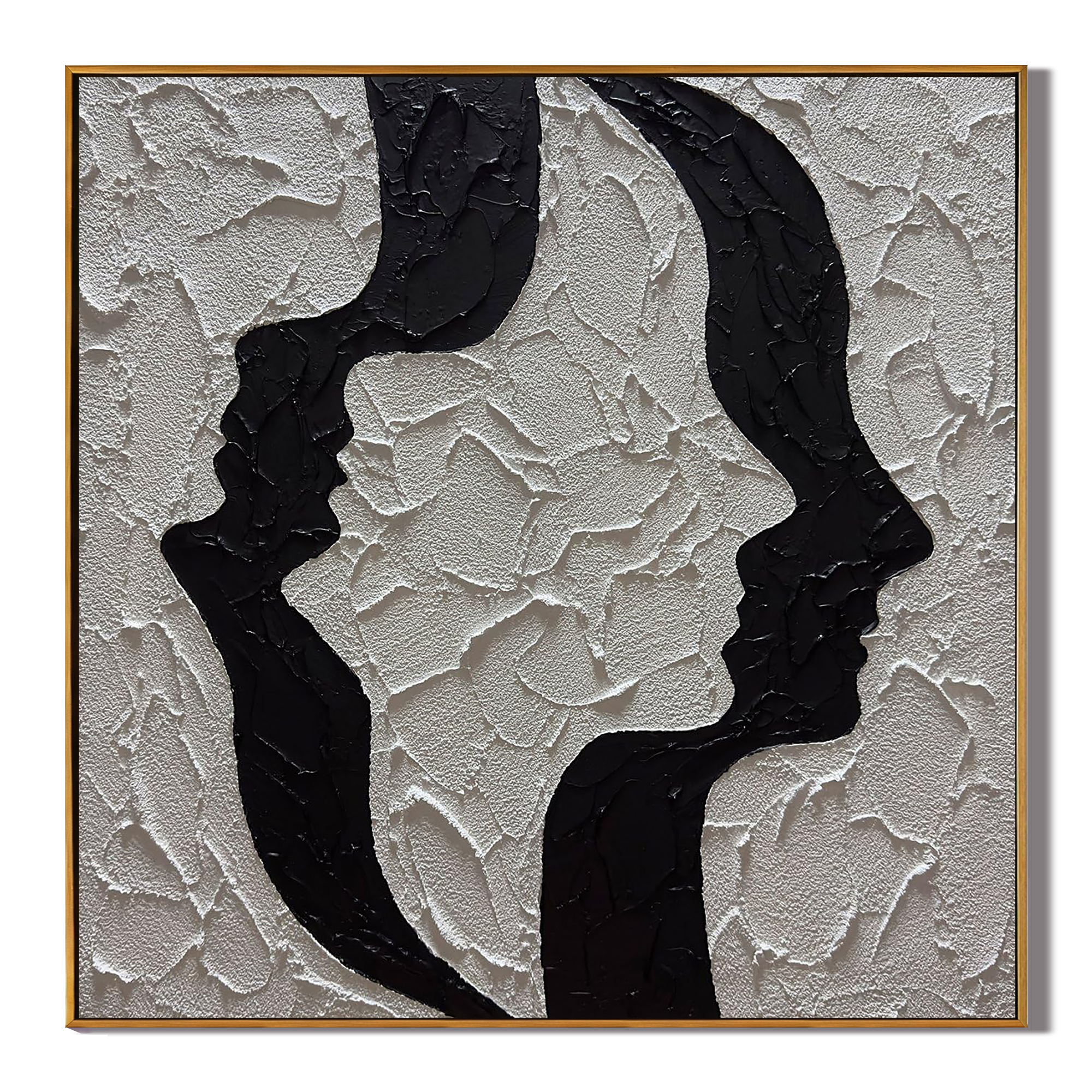 TWIN SOULS: Abstract Wall Art, Hand-Painted Black and White Face Silhouette 3D Plaster Effect Heavy Texture Canvas Painting